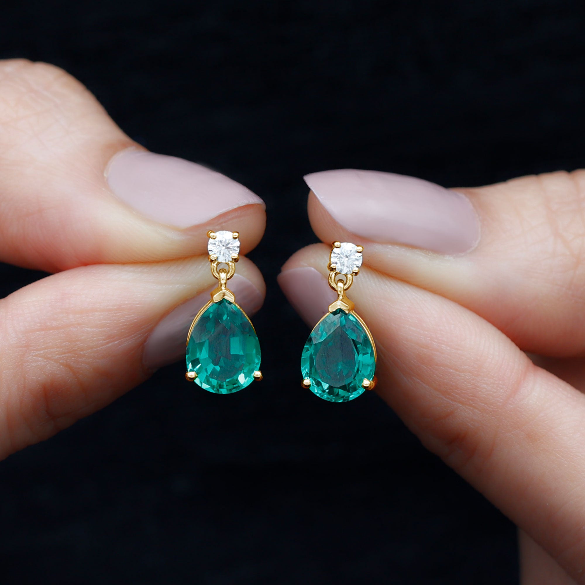 Pear Cut Created Emerald Teardrop Earrings with Moissanite Lab Created Emerald - ( AAAA ) - Quality - Rosec Jewels