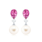 5.75 CT Pink Tourmaline and Moissanite Dangle Earrings with Freshwater Pearl Drop Freshwater Pearl - ( AAA ) - Quality - Rosec Jewels