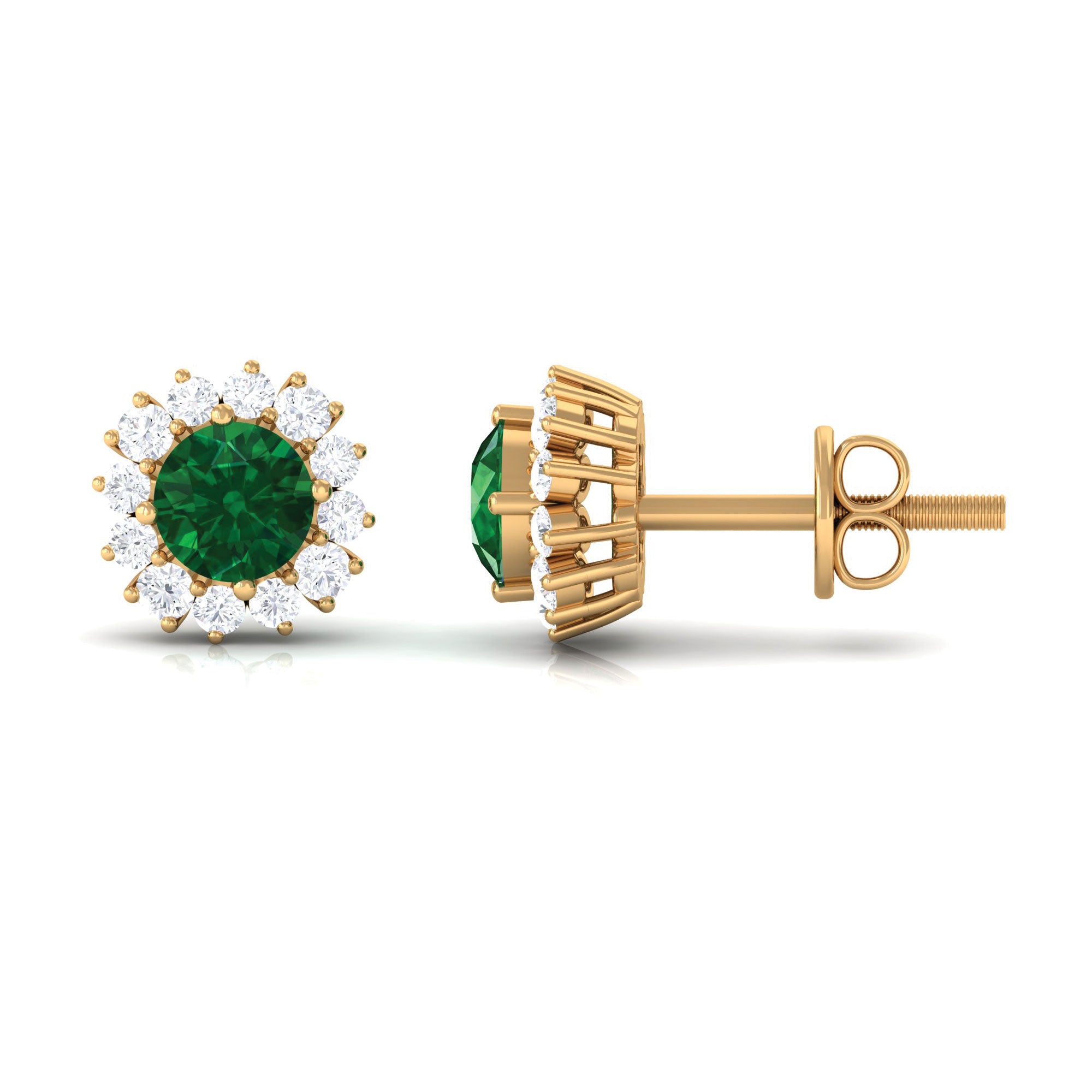 1 CT Certified Created Emerald and Diamond Halo Stud Earrings Lab Created Emerald - ( AAAA ) - Quality - Rosec Jewels