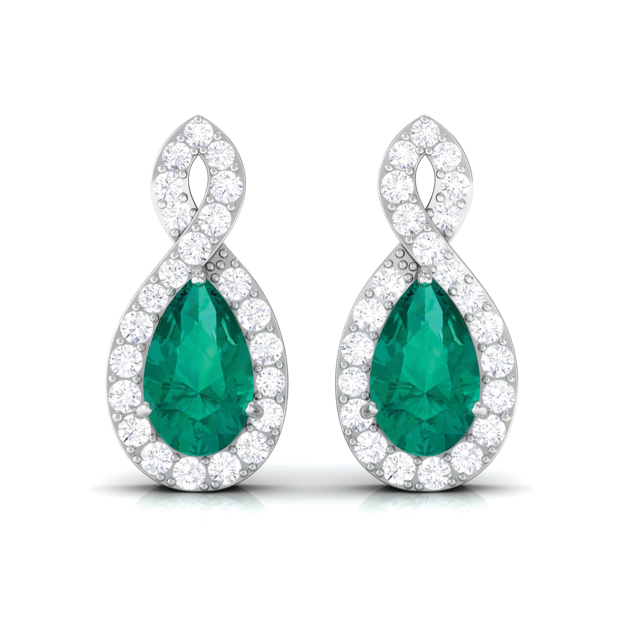 Pear Shape Emerald Infinity Stud Earrings with Diamond Emerald - ( AAA ) - Quality - Rosec Jewels