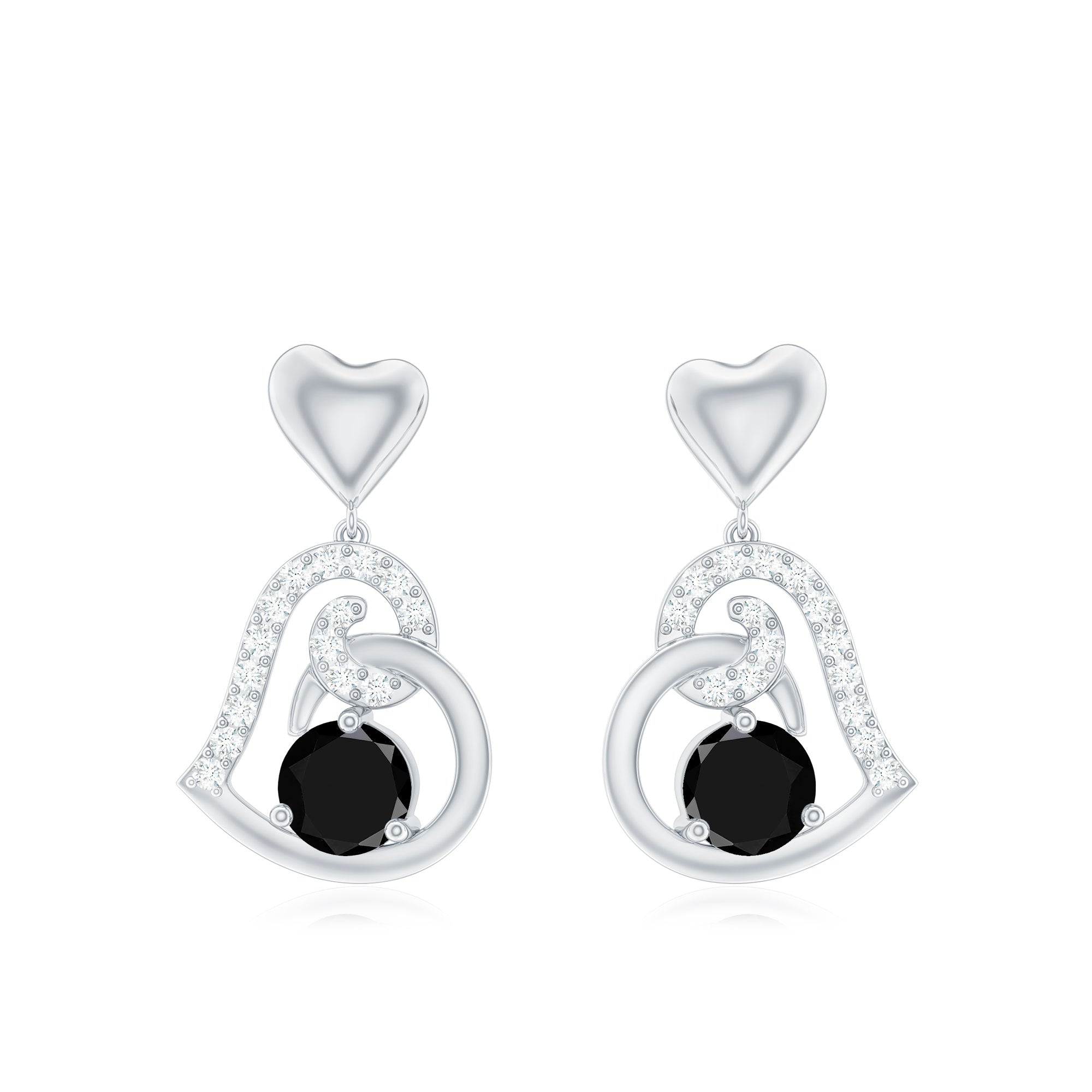 Heart Drop Earring with Black Spinel and Diamond Accent Black Spinel - ( AAA ) - Quality - Rosec Jewels