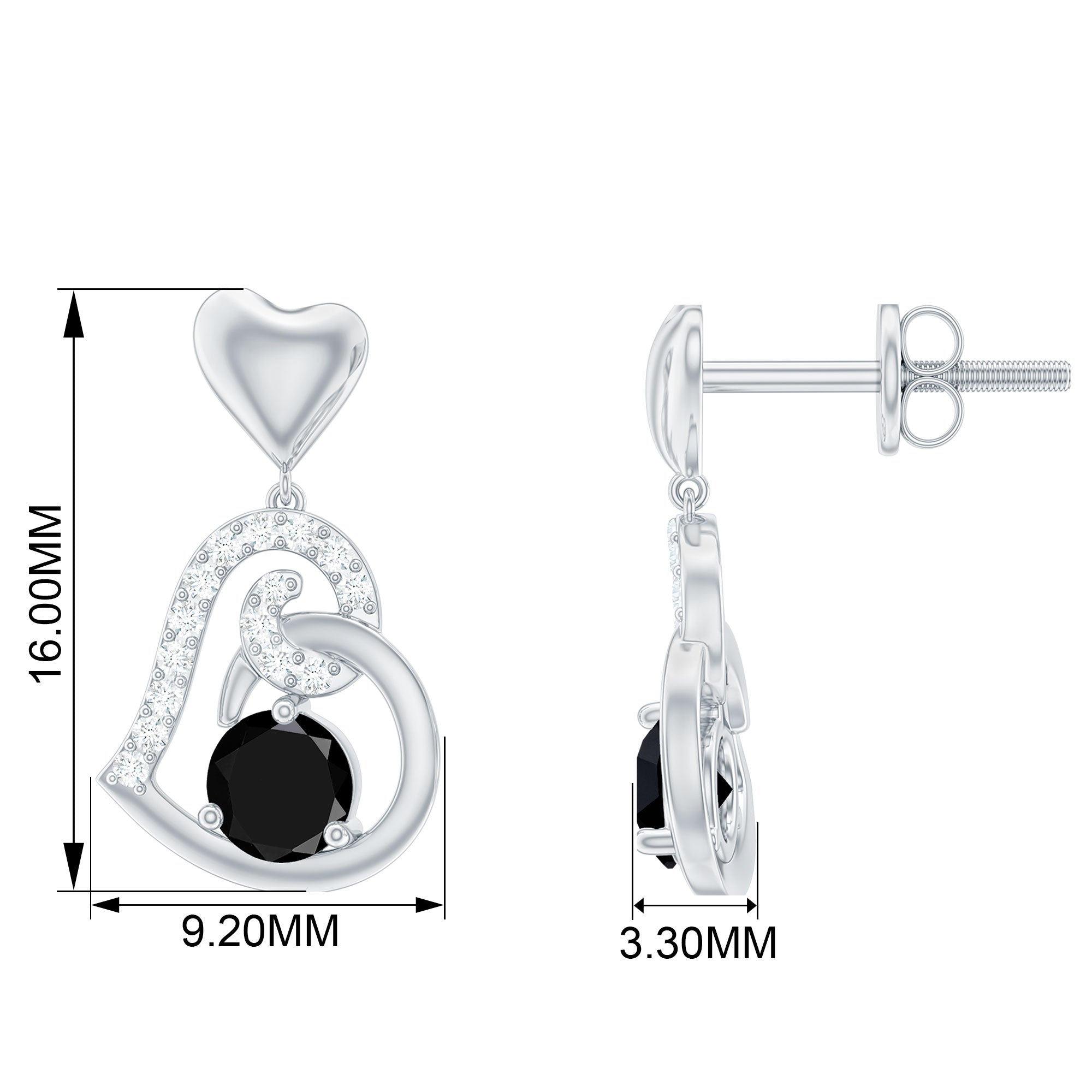 3/4 CT Black Onyx and Diamond Heart Drop Earring Black Onyx - ( AAA ) - Quality - Rosec Jewels