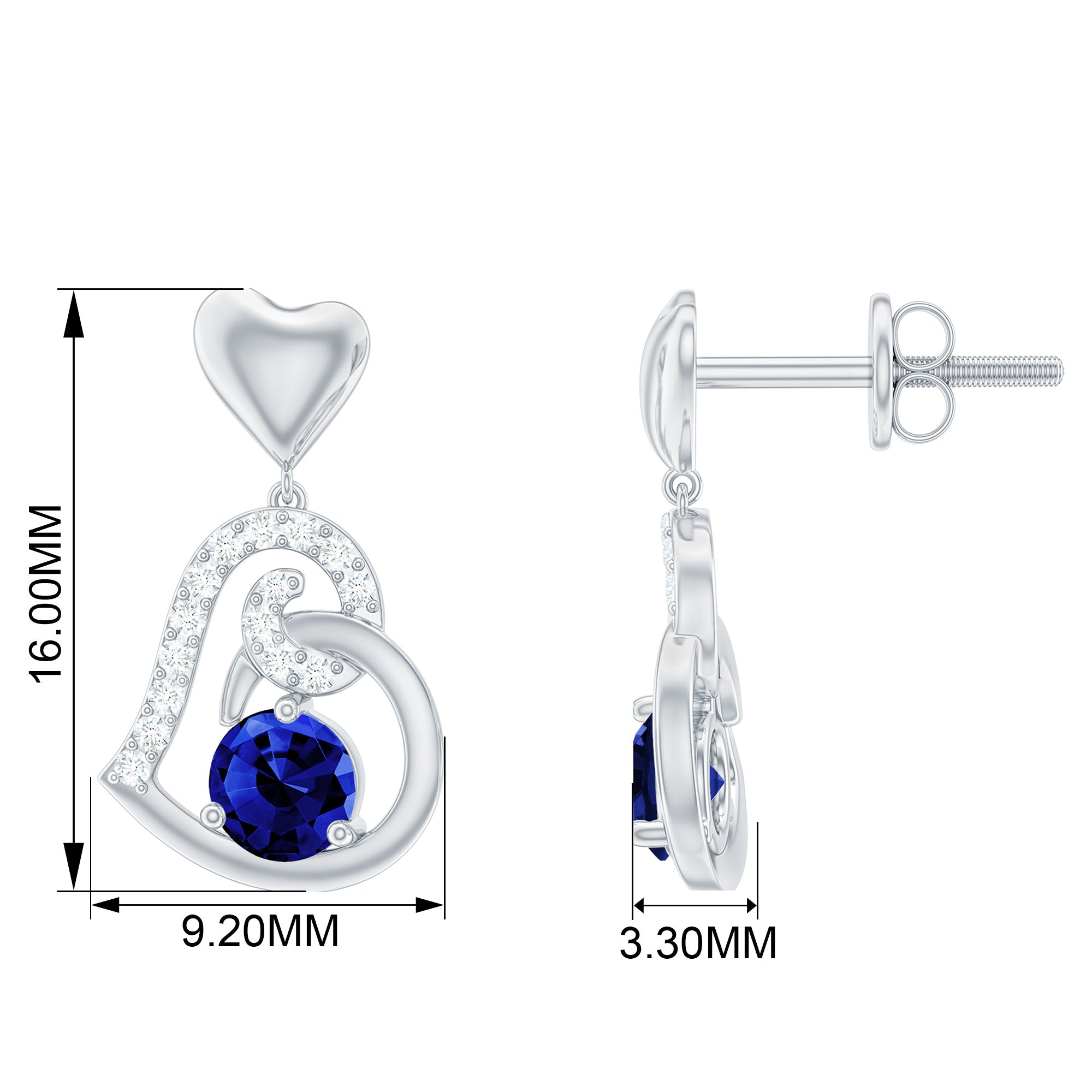 Created Blue Sapphire and Diamond Heart Drop Earrings Lab Created Blue Sapphire - ( AAAA ) - Quality - Rosec Jewels