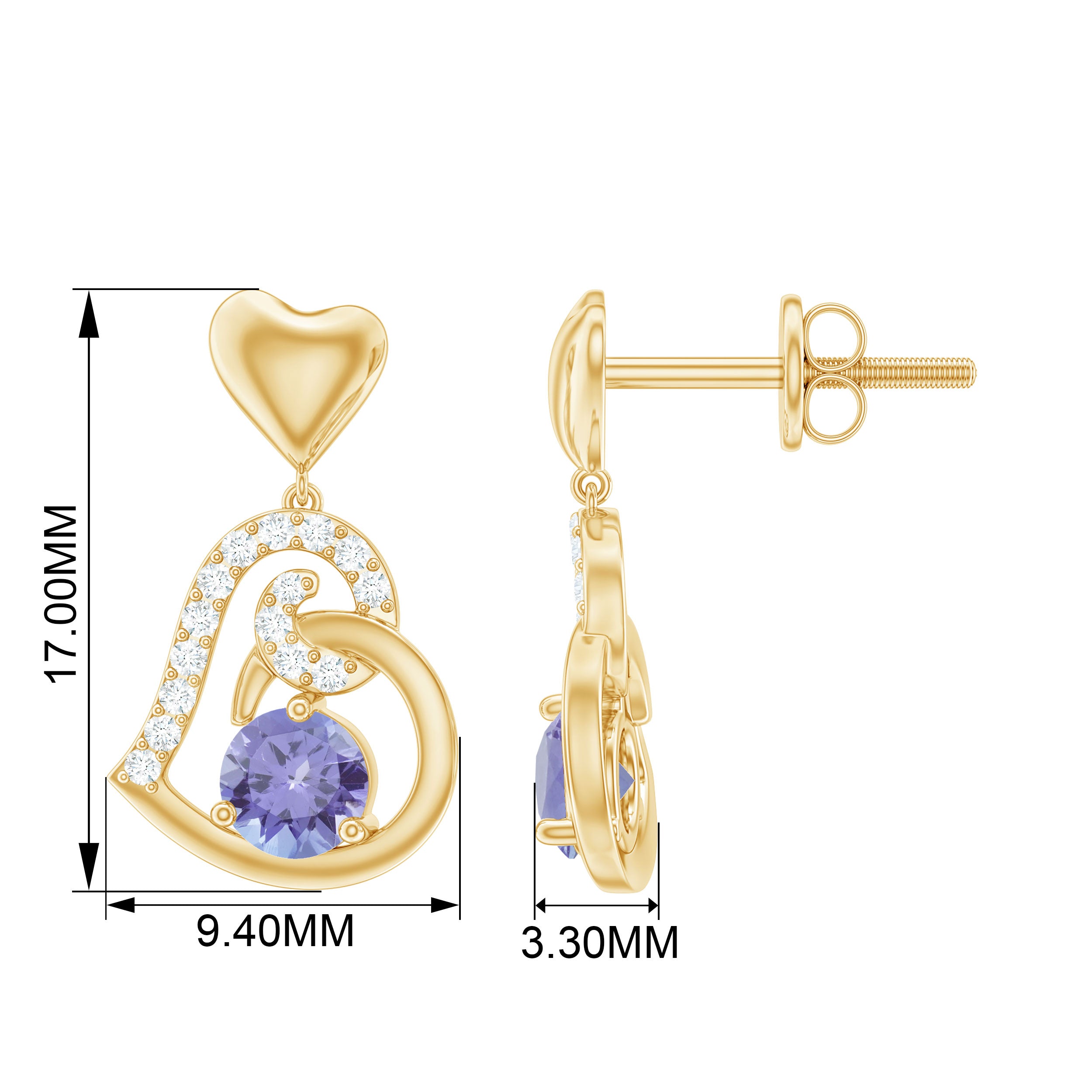 Heart Drop Earring with Tanzanite and Diamond Tanzanite - ( AAA ) - Quality - Rosec Jewels