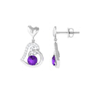 Round Amethyst Heart Drop Earring with Diamond Accent Amethyst - ( AAA ) - Quality - Rosec Jewels