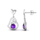 Round Amethyst Heart Drop Earring with Diamond Accent Amethyst - ( AAA ) - Quality - Rosec Jewels