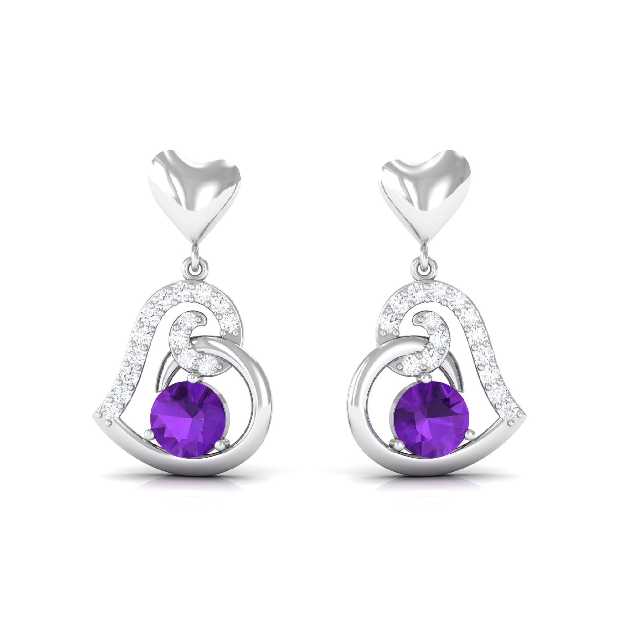 Round Amethyst Heart Drop Earring with Diamond Accent Amethyst - ( AAA ) - Quality - Rosec Jewels