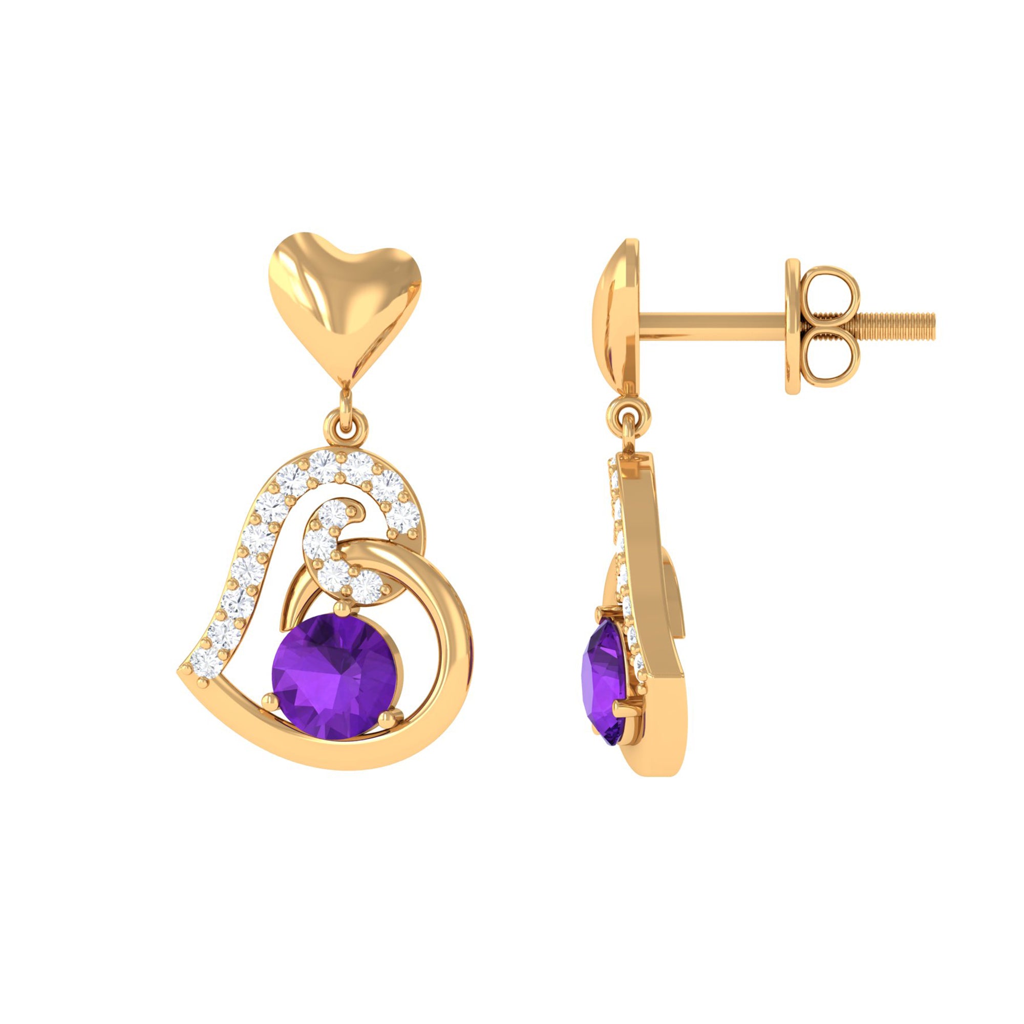 Round Amethyst Heart Drop Earring with Diamond Accent Amethyst - ( AAA ) - Quality - Rosec Jewels