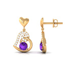 Round Amethyst Heart Drop Earring with Diamond Accent Amethyst - ( AAA ) - Quality - Rosec Jewels