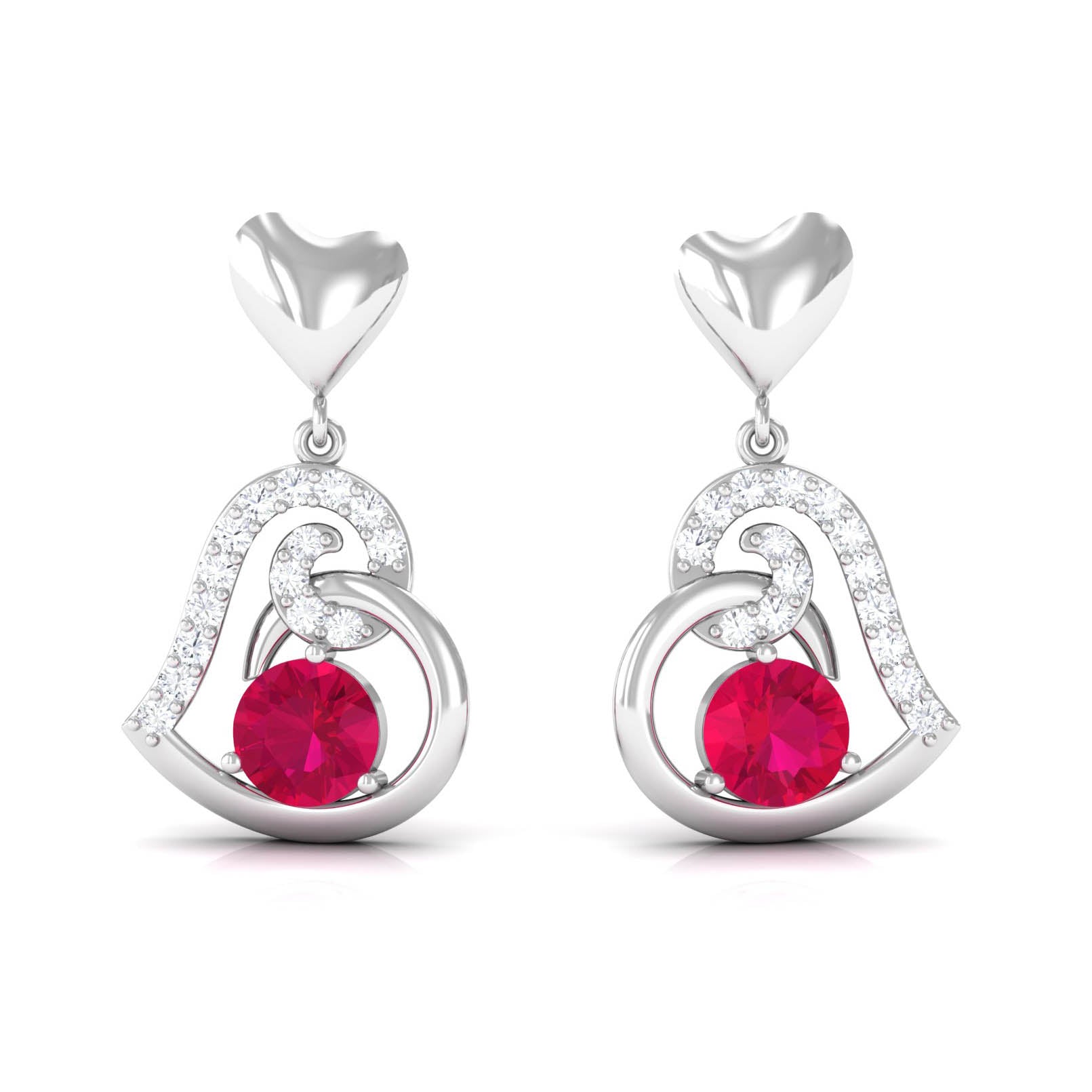 Round Ruby Heart Drop Earring with Diamond Accent Ruby - ( AAA ) - Quality - Rosec Jewels