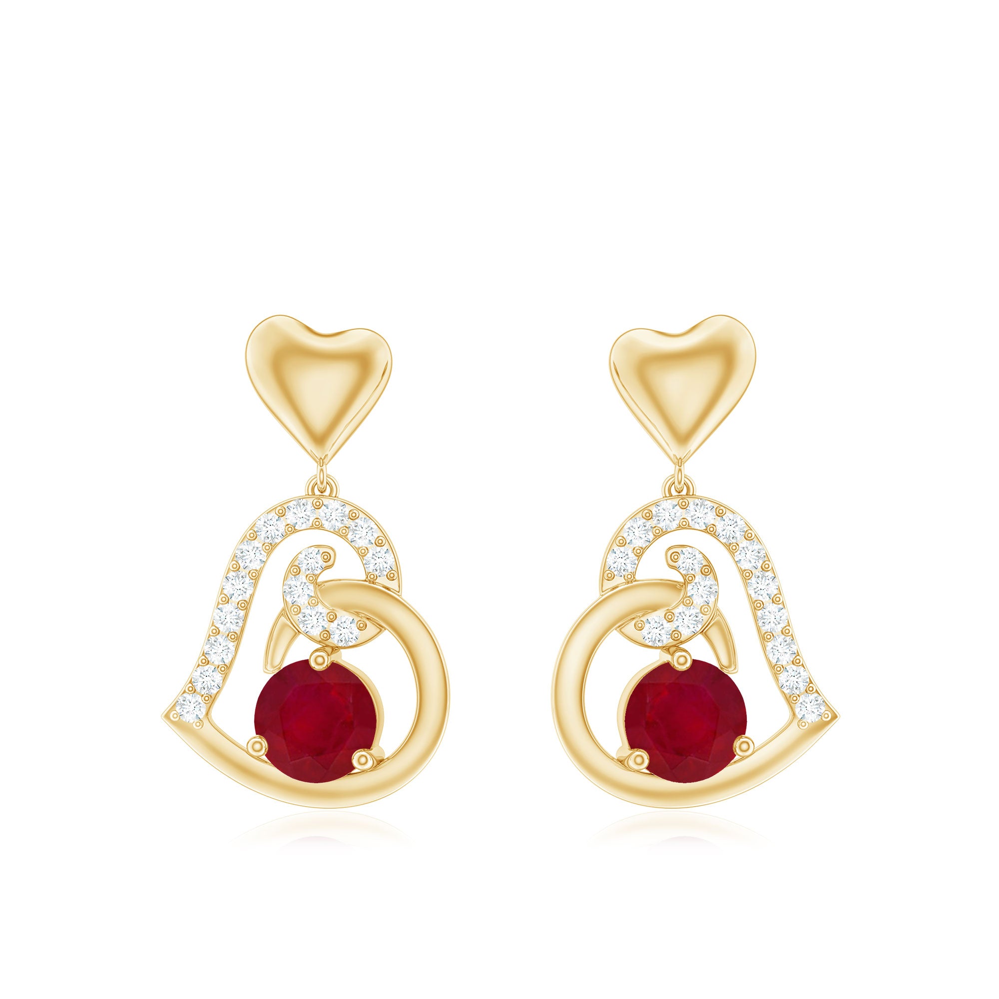 Round Ruby Heart Drop Earring with Diamond Accent Ruby - ( AAA ) - Quality - Rosec Jewels