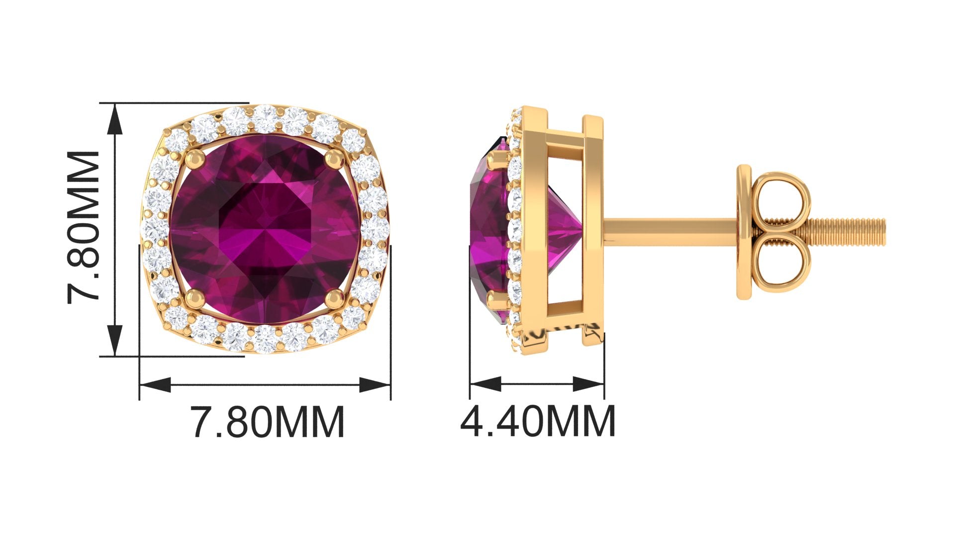 Round Shape Rhodolite and Diamond Halo Stud Earrings Rhodolite - ( AAA ) - Quality - Rosec Jewels