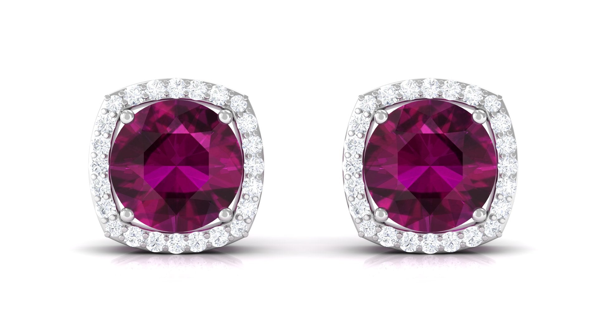 Round Shape Rhodolite and Diamond Halo Stud Earrings Rhodolite - ( AAA ) - Quality - Rosec Jewels