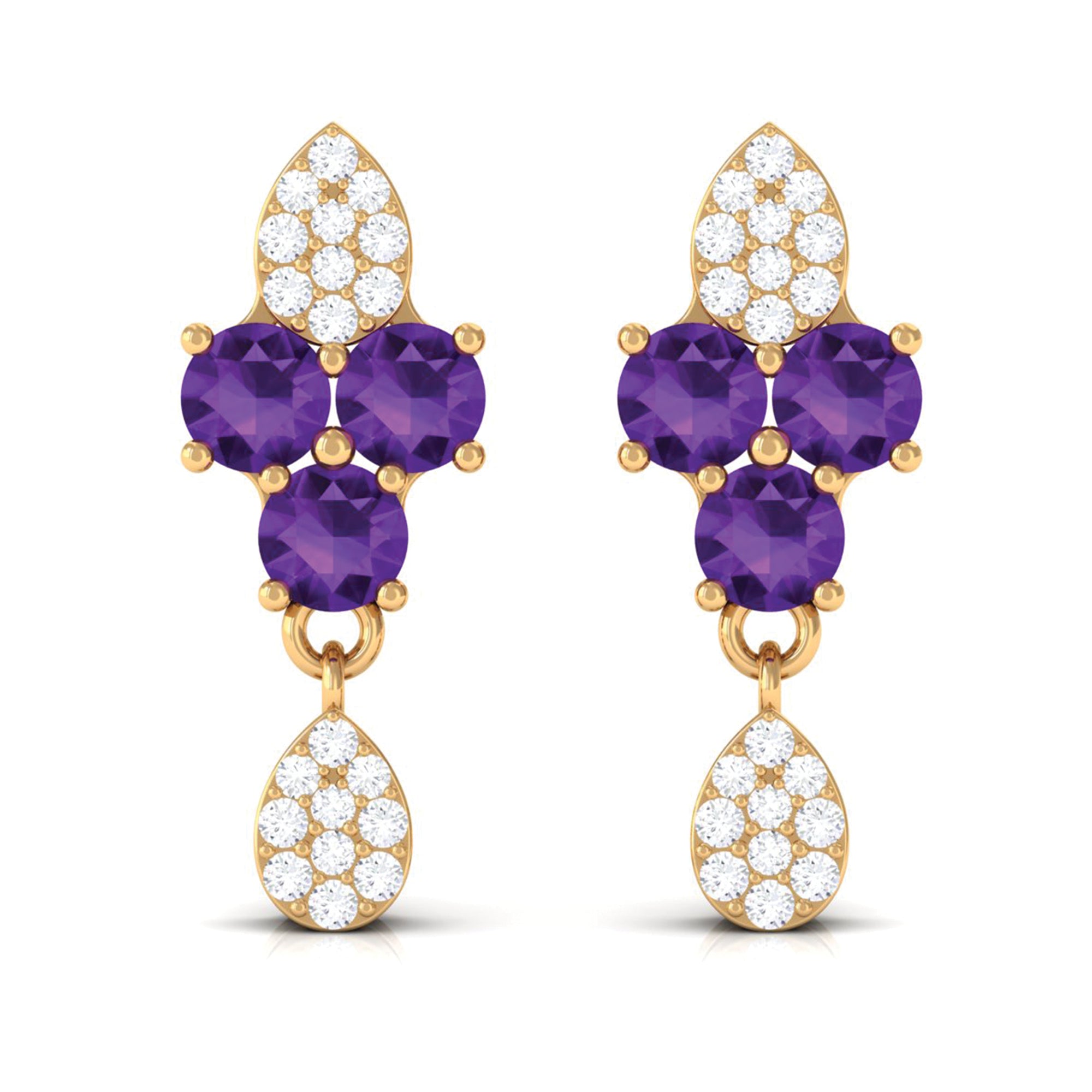 Round Amethyst and Diamond Contemporary Dangle Earrings Amethyst - ( AAA ) - Quality - Rosec Jewels