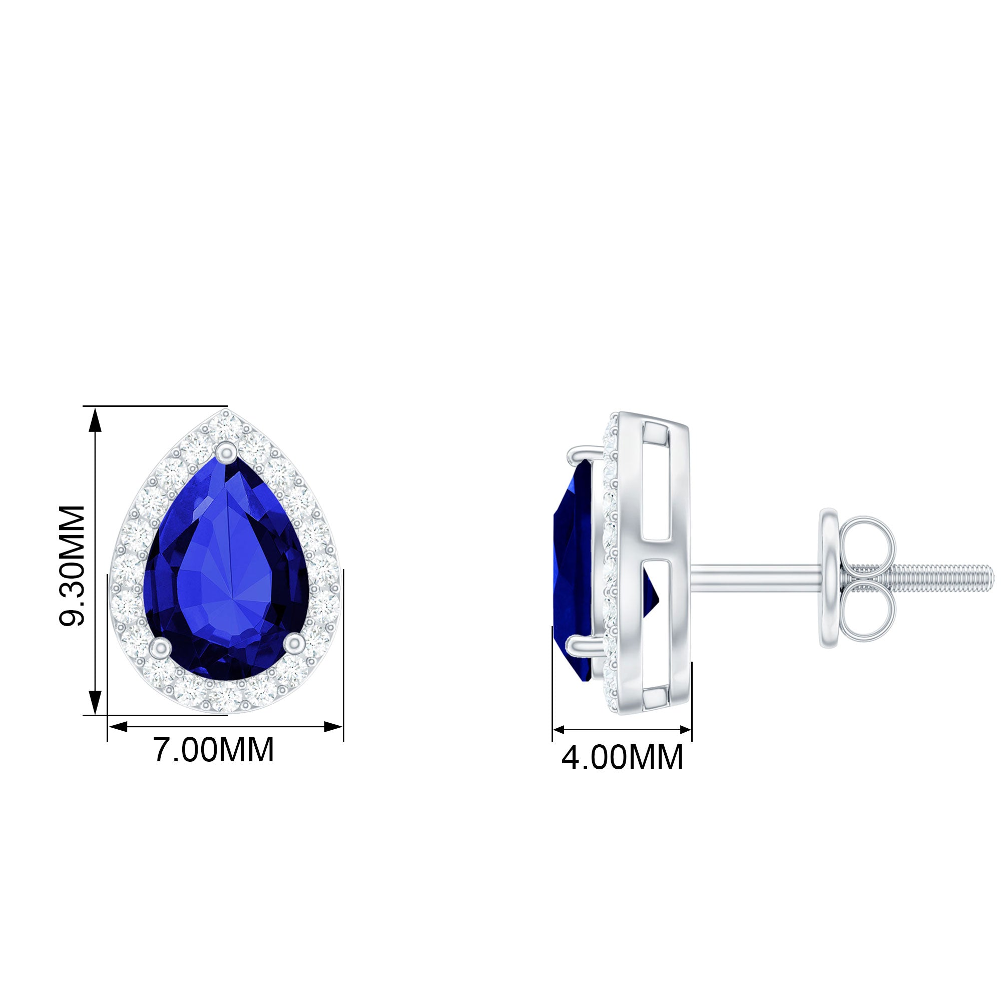 Created Blue Sapphire Teardrop Halo Stud Earrings with Diamond Lab Created Blue Sapphire - ( AAAA ) - Quality - Rosec Jewels