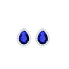 Created Blue Sapphire Teardrop Halo Stud Earrings with Diamond Lab Created Blue Sapphire - ( AAAA ) - Quality - Rosec Jewels