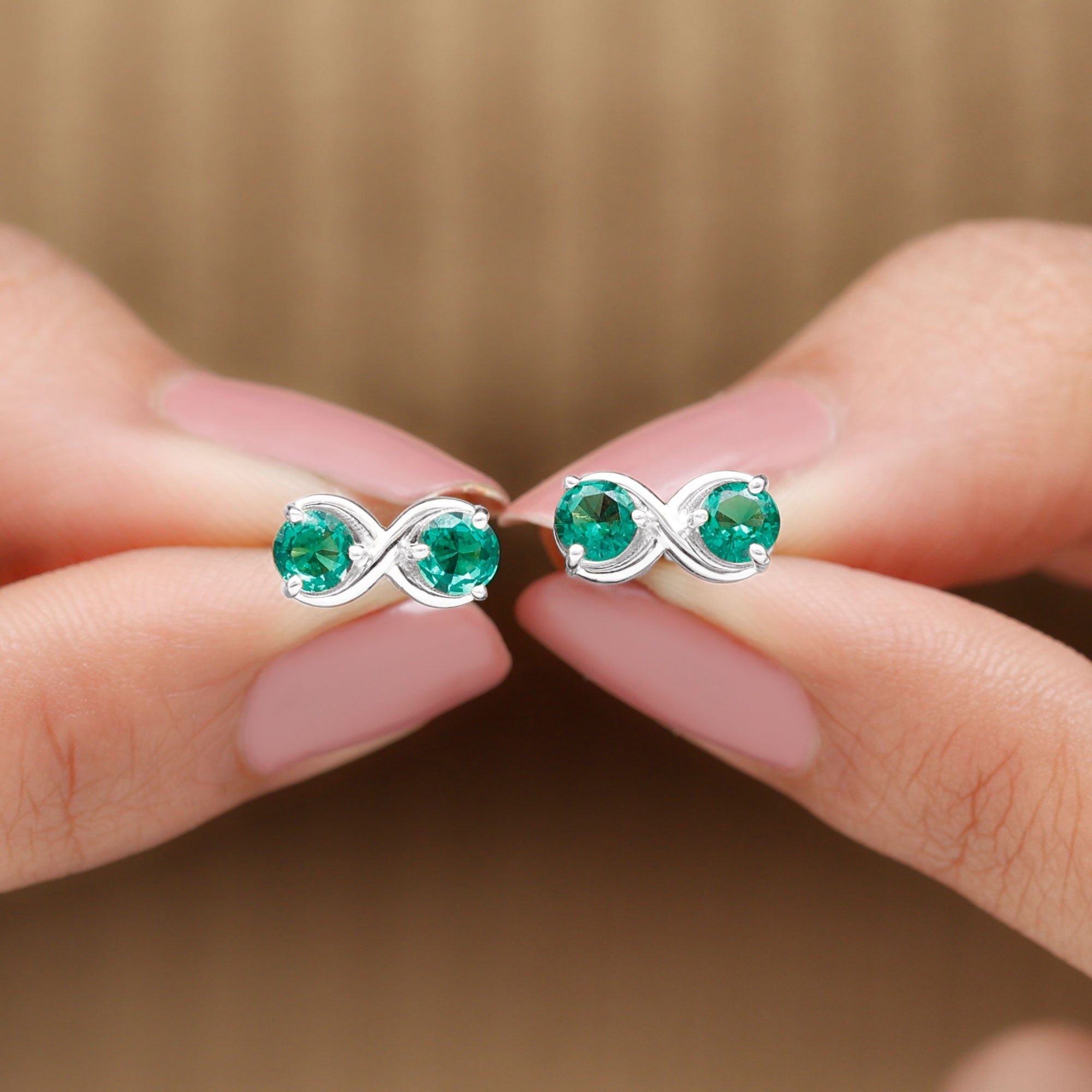 Two Stone Lab Grown Emerald Infinity Stud Earrings Lab Created Emerald - ( AAAA ) - Quality - Rosec Jewels