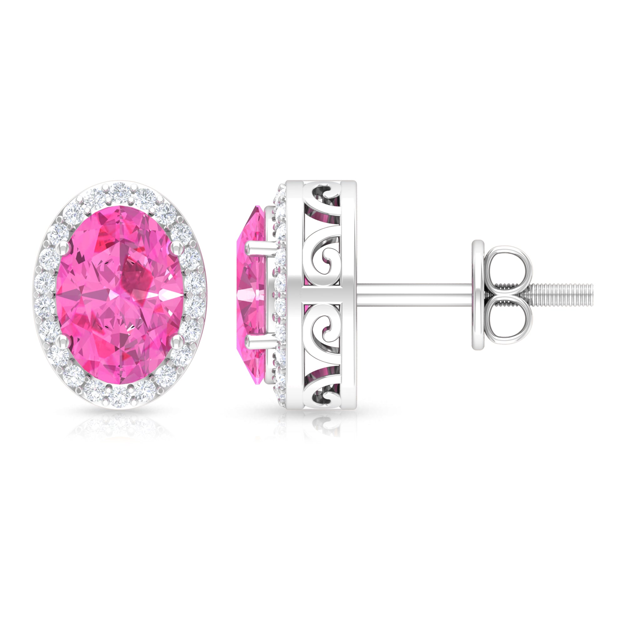 Classic Oval Cut Pink Sapphire and Diamond Halo Stud Earrings Pink Sapphire - ( AAA ) - Quality - Rosec Jewels