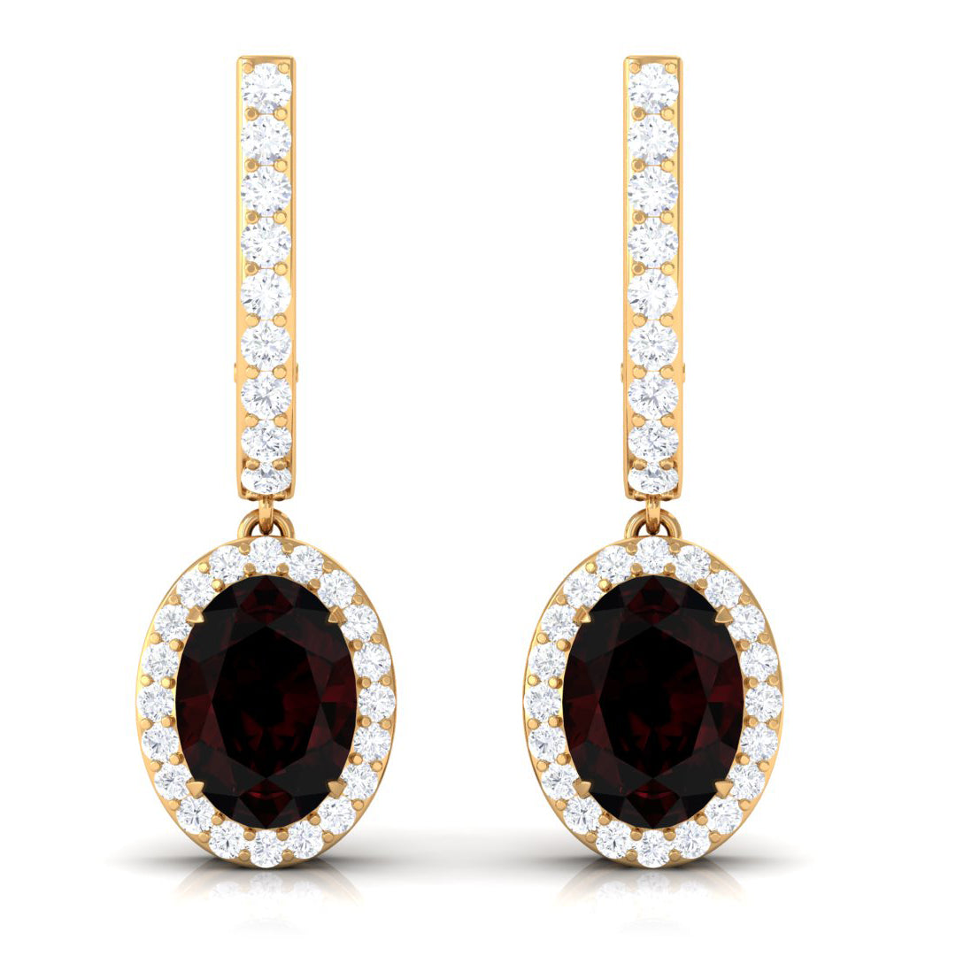 3.5 CT Oval Garnet and Diamond J Hoop Drop Earrings Garnet - ( AAA ) - Quality - Rosec Jewels