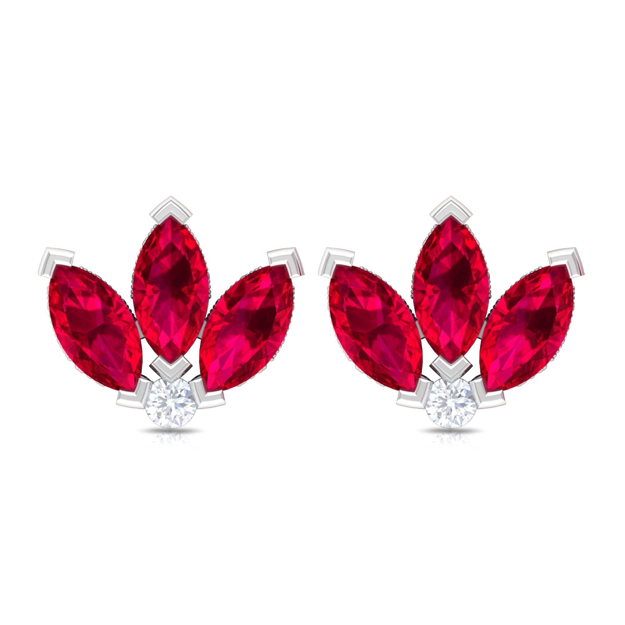 Marquise Cut Lab Grown Ruby Flower Stud Earrings with Diamond Lab Created Ruby - ( AAAA ) - Quality - Rosec Jewels