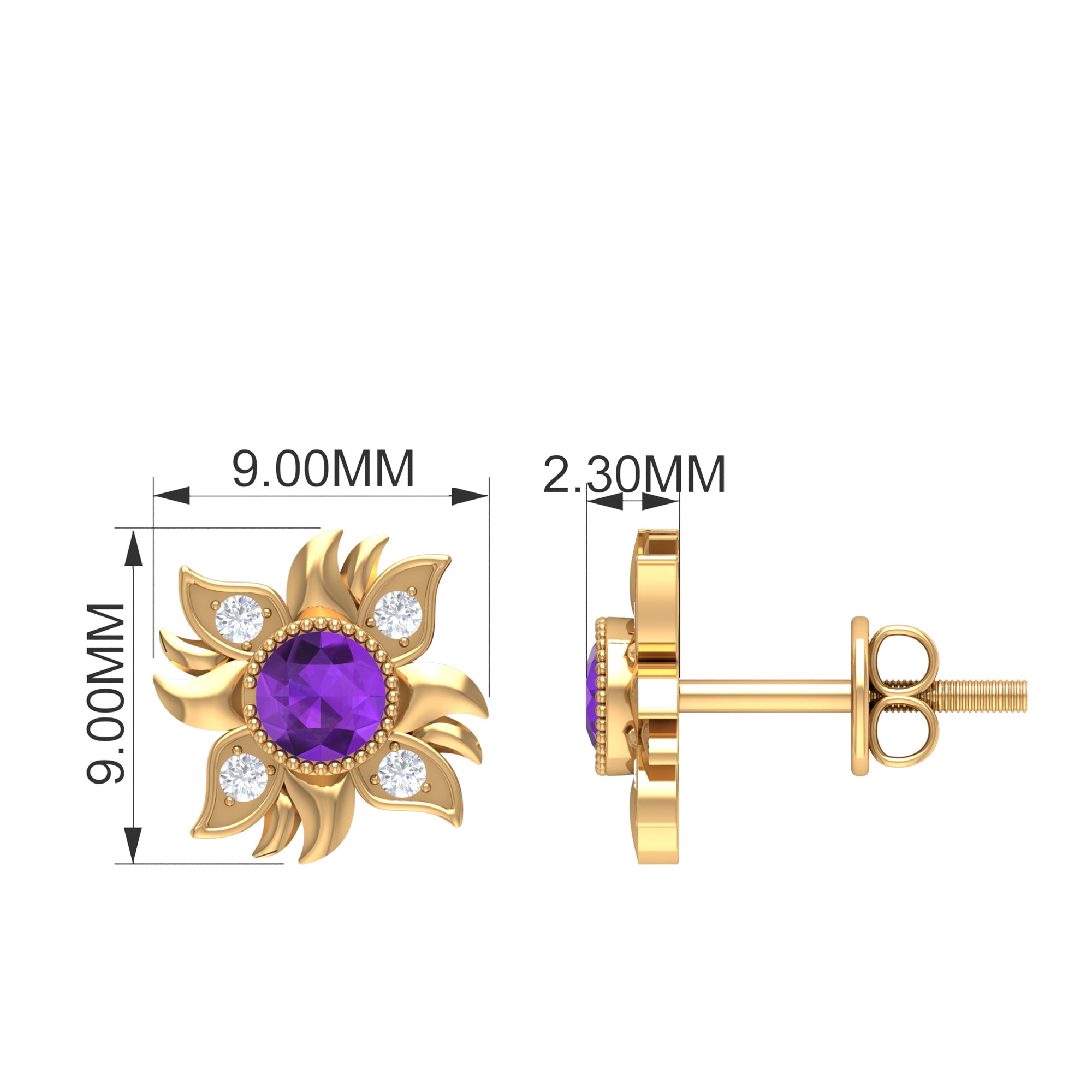 1/2 CT Round Shape Amethyst and Diamond Sunburst Stud Earrings Amethyst - ( AAA ) - Quality - Rosec Jewels