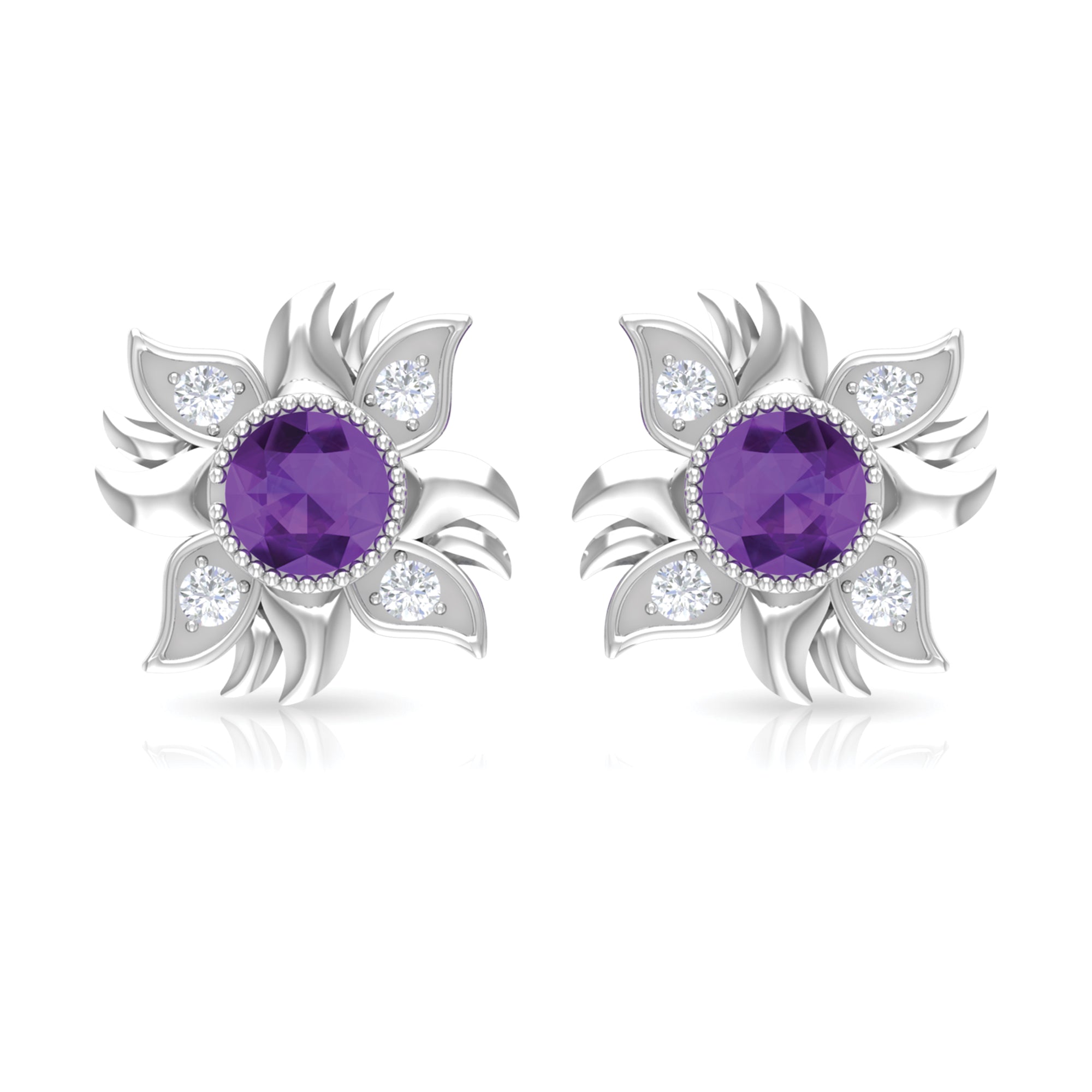 1/2 CT Round Shape Amethyst and Diamond Sunburst Stud Earrings Amethyst - ( AAA ) - Quality - Rosec Jewels