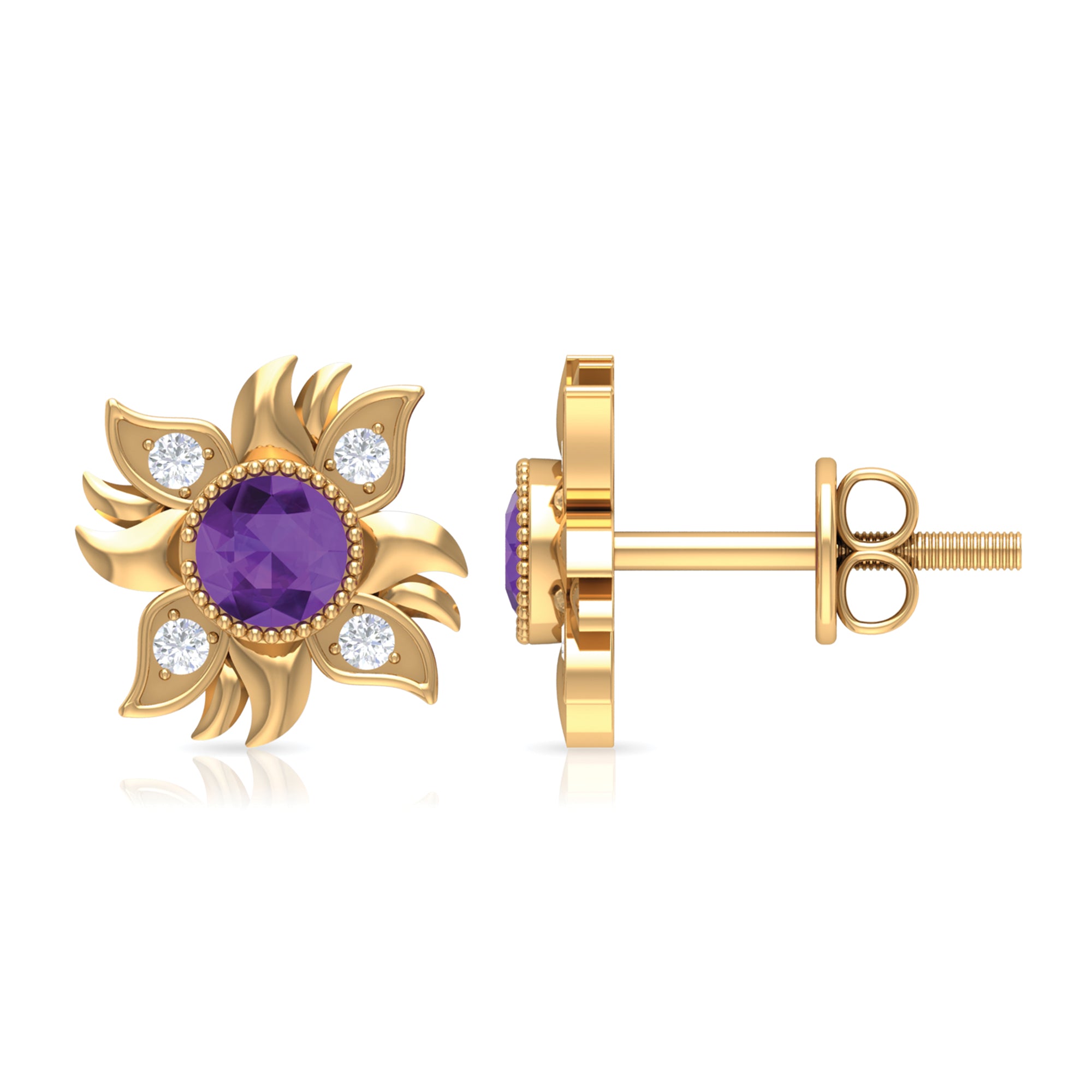 1/2 CT Round Shape Amethyst and Diamond Sunburst Stud Earrings Amethyst - ( AAA ) - Quality - Rosec Jewels