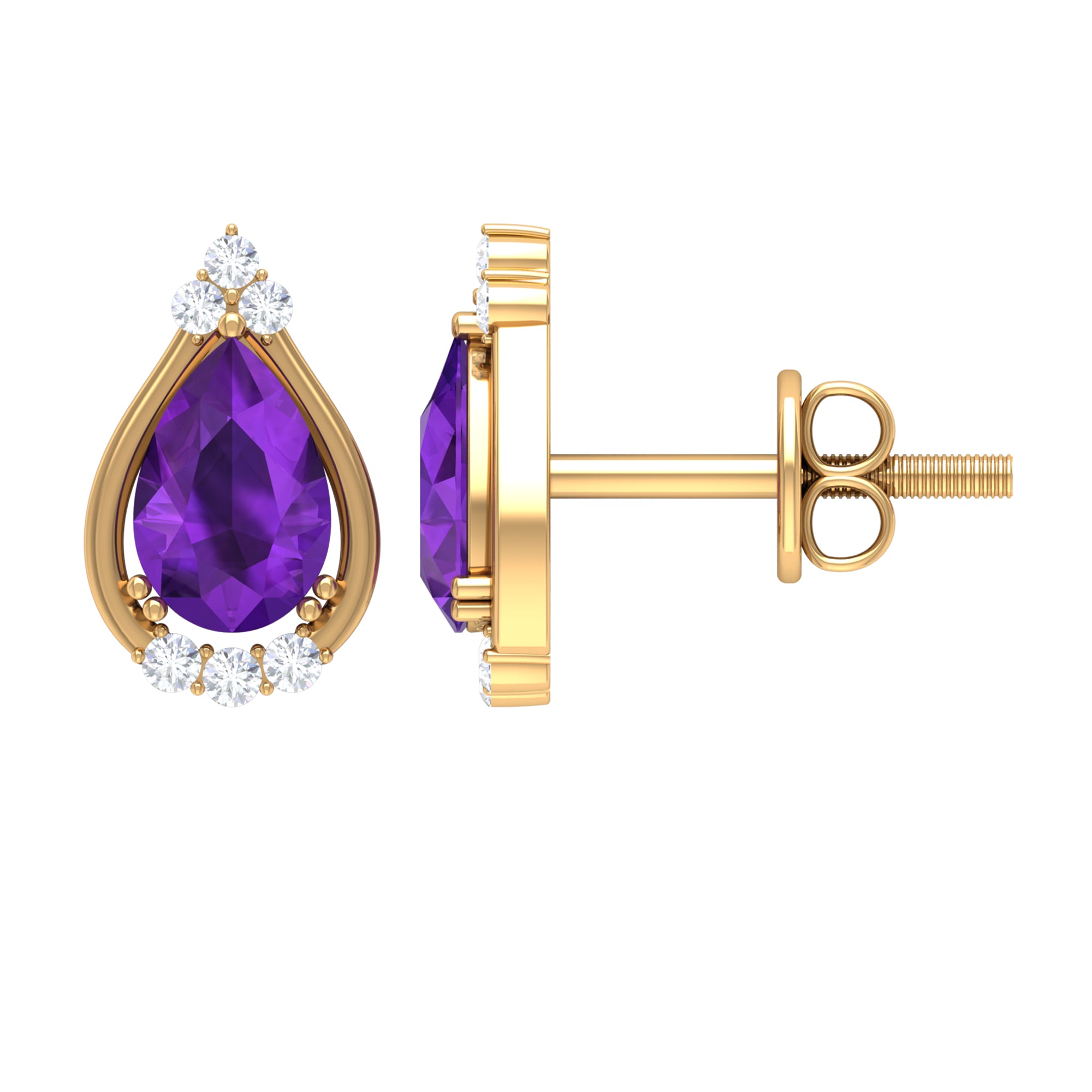 Amethyst Teardrop Stud Earrings with Diamond Amethyst - ( AAA ) - Quality - Rosec Jewels