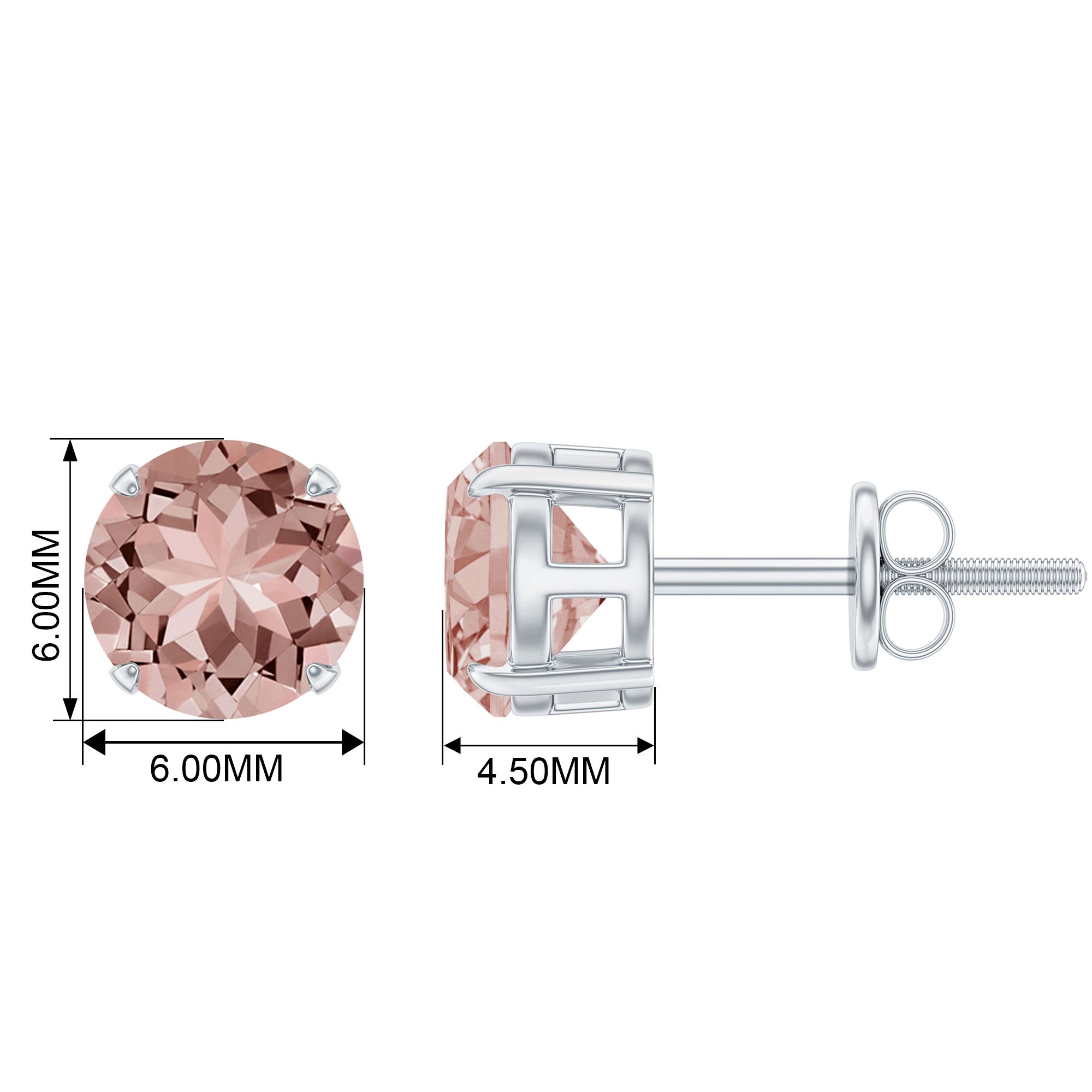 6 MM Morganite Solitaire Stud Earrings Morganite - ( AAA ) - Quality - Rosec Jewels