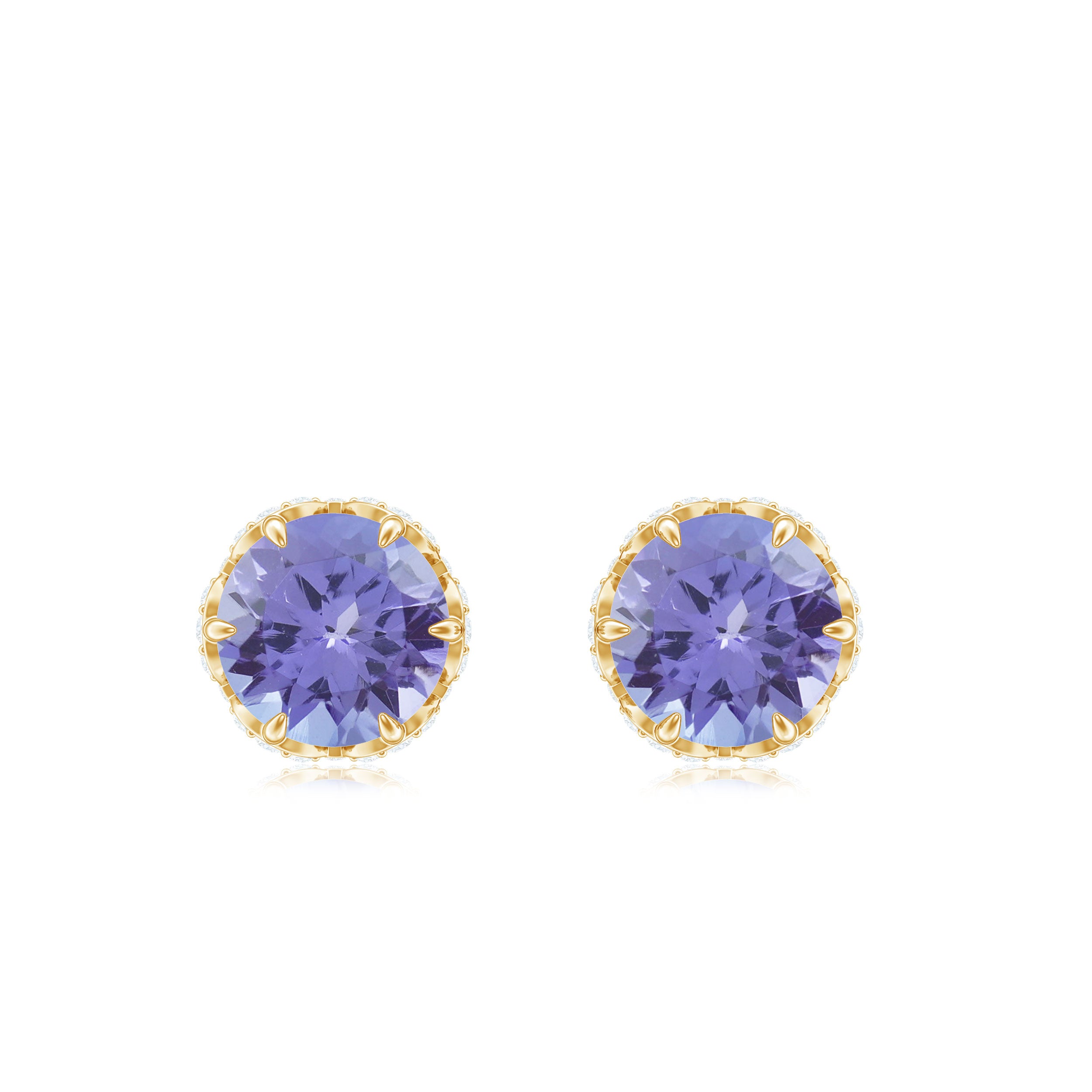 Lotus Basket Set Tanzanite Solitaire Stud Earrings with Diamond Accent Tanzanite - ( AAA ) - Quality - Rosec Jewels