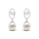 Diamond Leaf and Freshwater Pearl Dangle Drop Earrings Freshwater Pearl - ( AAA ) - Quality - Rosec Jewels