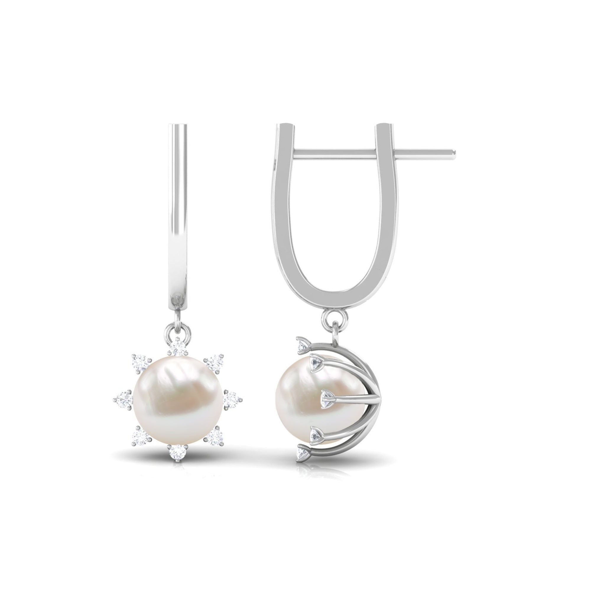 Classic Freshwater Pearl and Diamond Drop Earrings with Lever Back Freshwater Pearl - ( AAA ) - Quality - Rosec Jewels