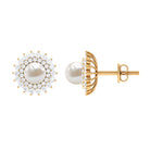 Freshwater Pearl Statement Stud Earrings with Diamond Double Halo Freshwater Pearl - ( AAA ) - Quality - Rosec Jewels