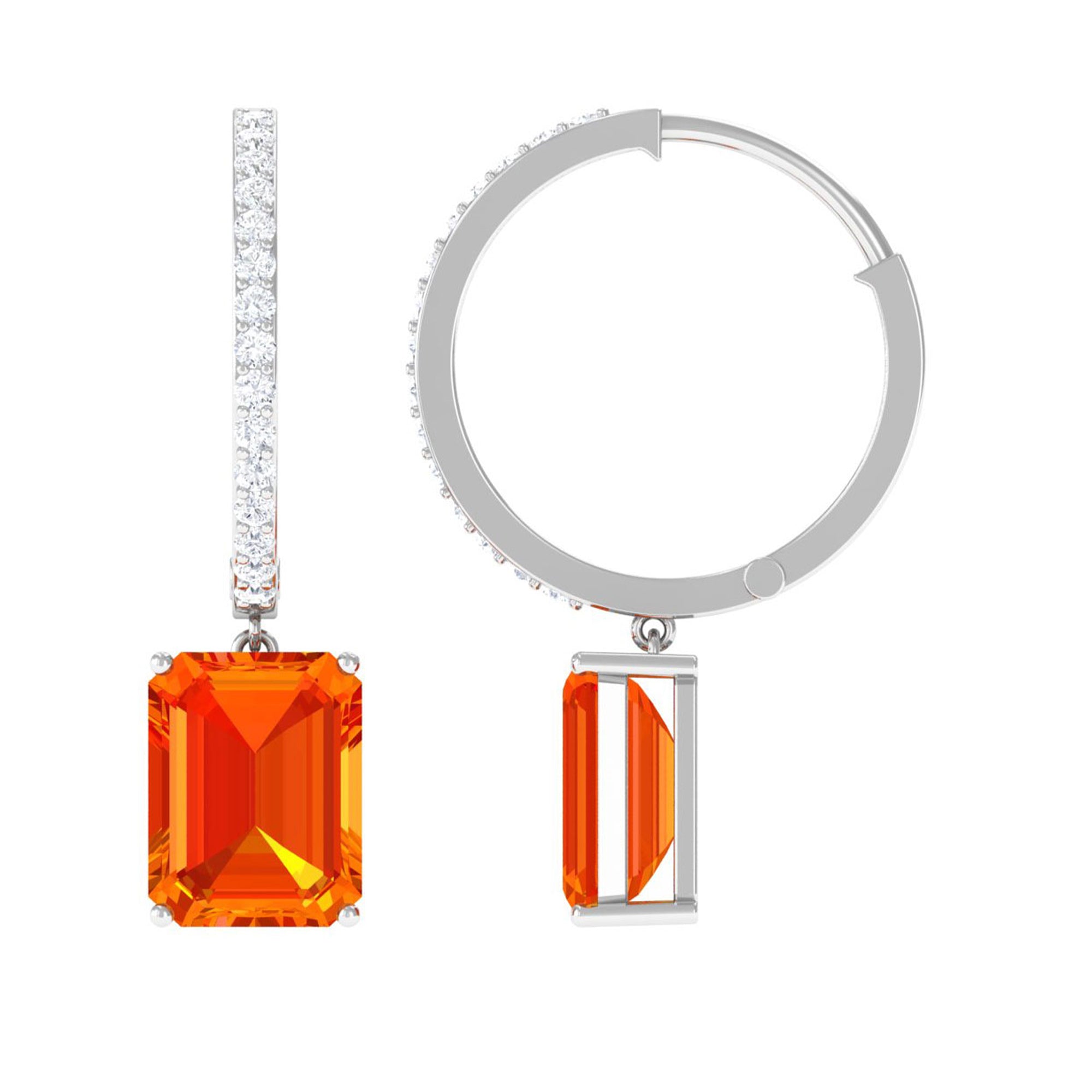 Lab Grown Orange Sapphire Drop Hoop Earrings with Diamond Lab Created Orange Sapphire - ( AAAA ) - Quality - Rosec Jewels