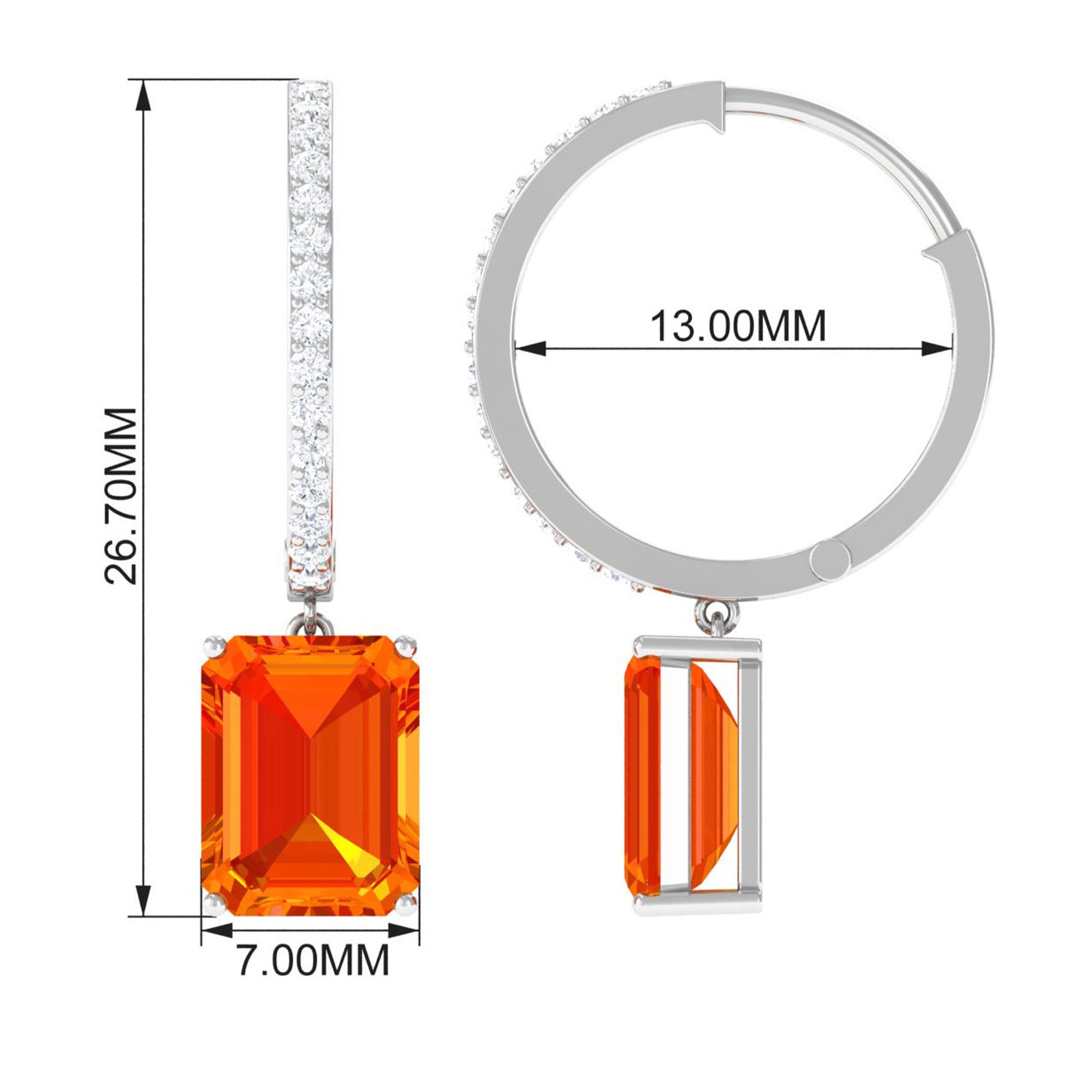 Lab Grown Orange Sapphire Drop Hoop Earrings with Diamond Lab Created Orange Sapphire - ( AAAA ) - Quality - Rosec Jewels