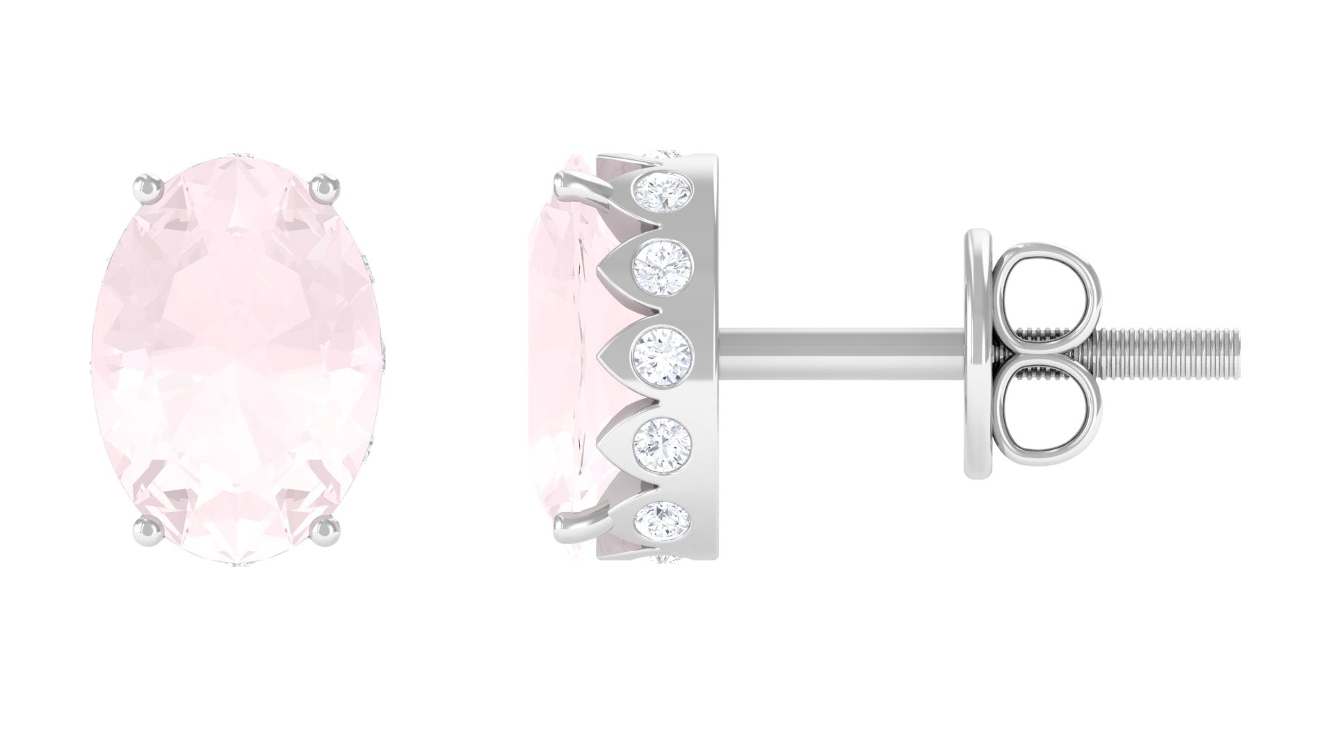 Rose Quartz Oval Stud Earrings with Diamond Rose Quartz - ( AAA ) - Quality - Rosec Jewels