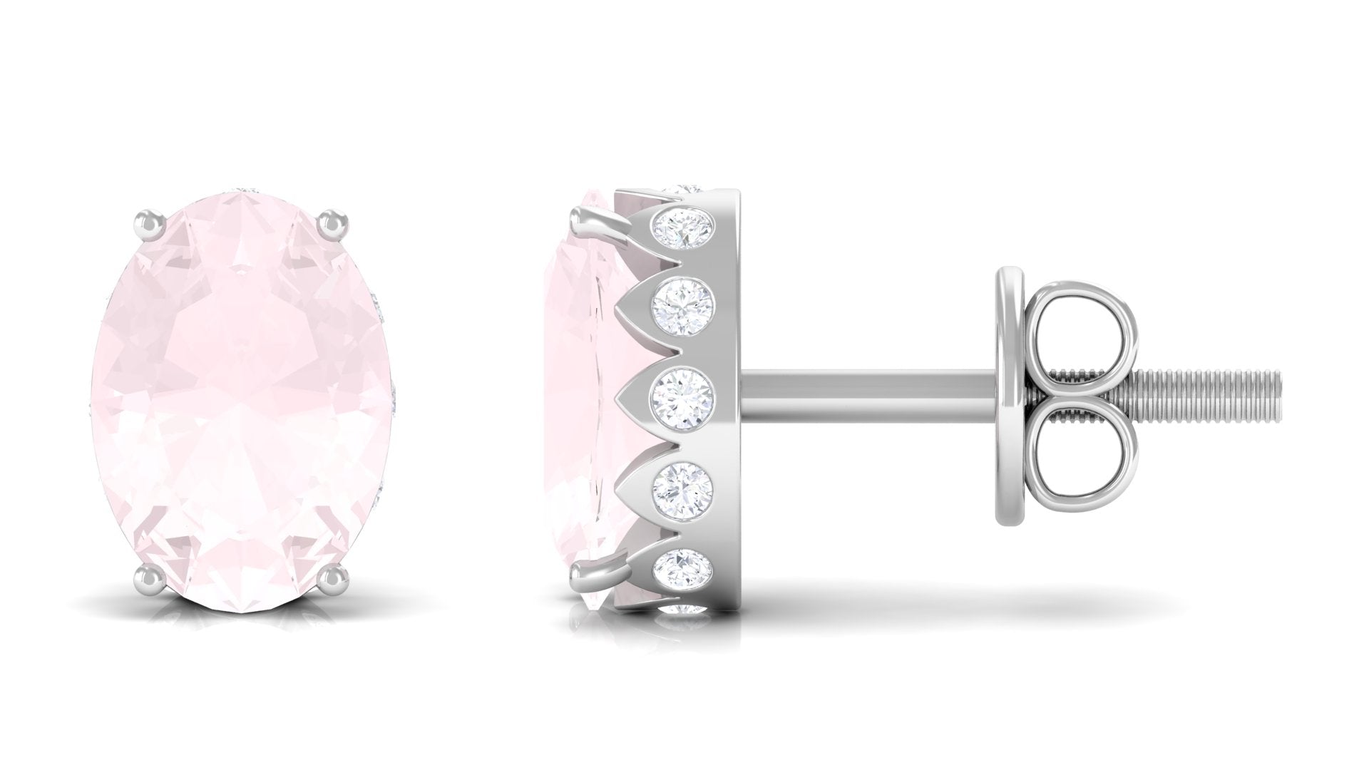 Rose Quartz Oval Stud Earrings with Diamond Rose Quartz - ( AAA ) - Quality - Rosec Jewels