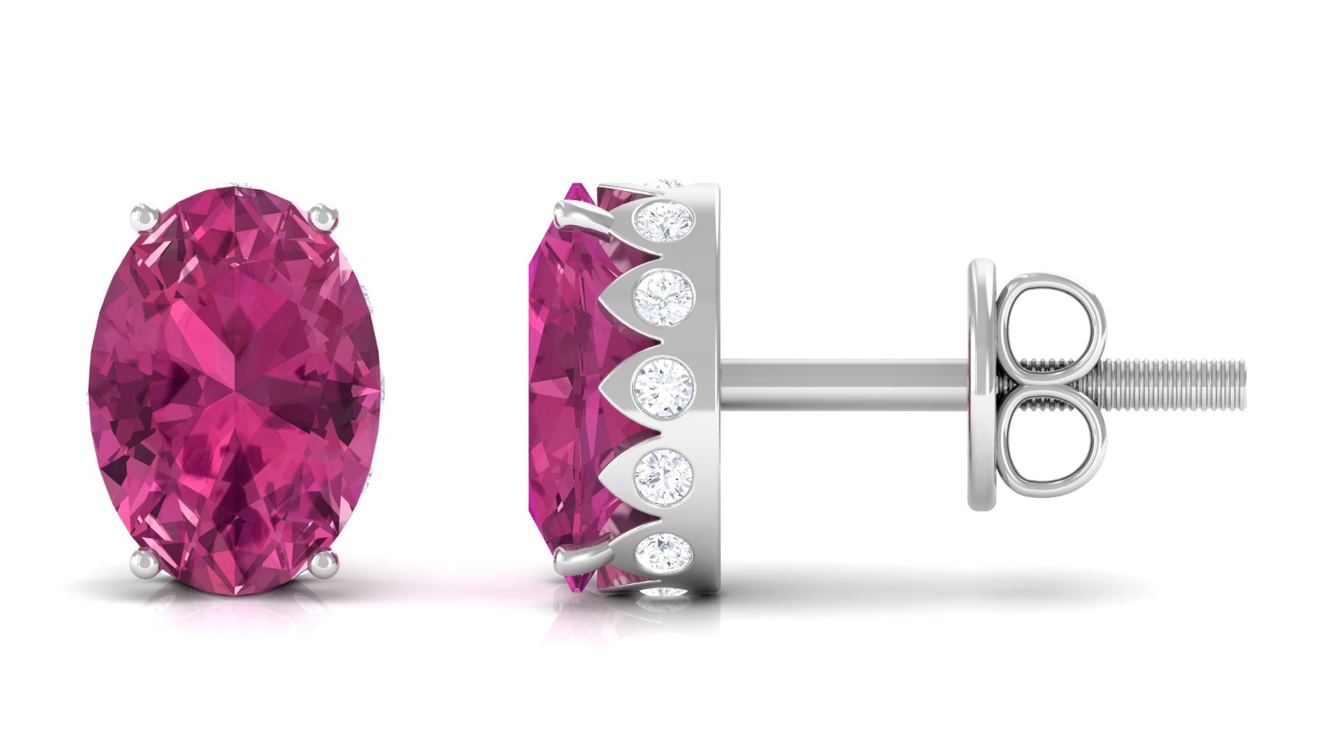 Pink Tourmaline Oval Stud Earrings with Diamond Pink Tourmaline - ( AAA ) - Quality - Rosec Jewels