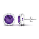 Classic Round Amethyst Halo Stud Earrings with Diamond Amethyst - ( AAA ) - Quality - Rosec Jewels