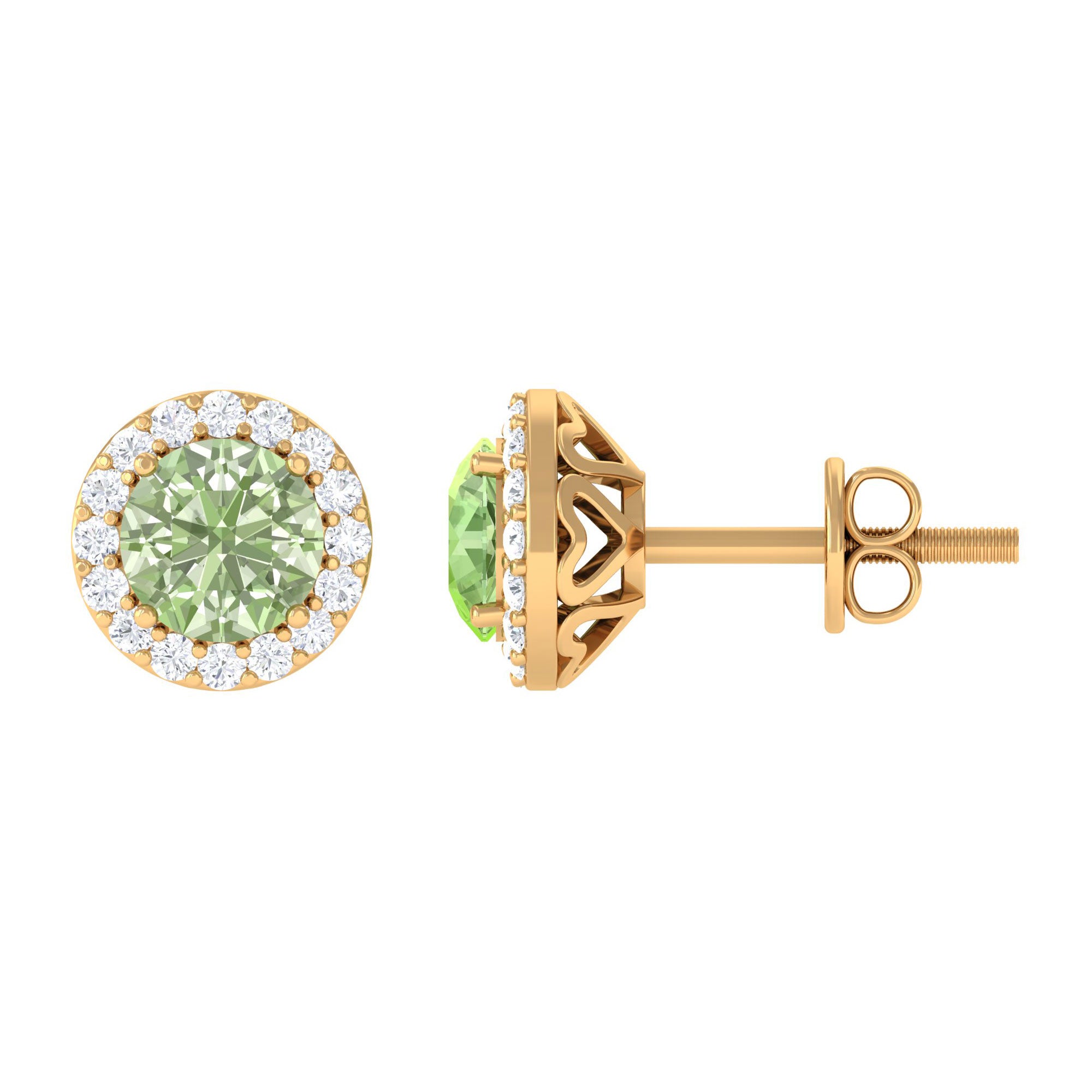 Round Green Sapphire and Diamond Classic Halo Stud Earrings Green Sapphire - ( AAA ) - Quality - Rosec Jewels