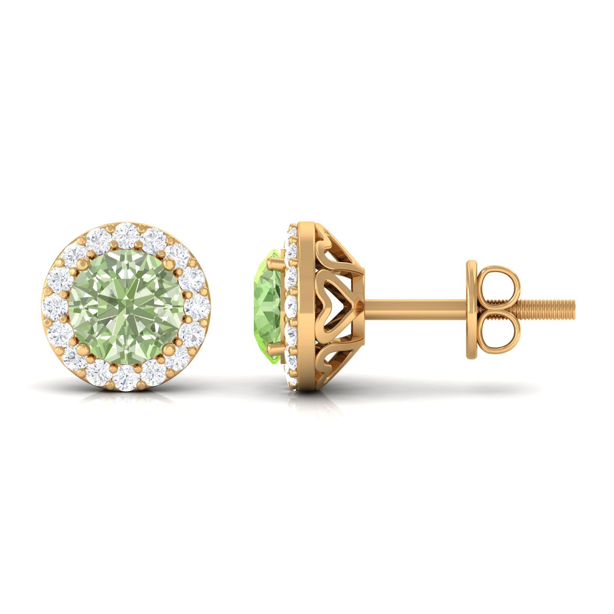 Round Green Sapphire and Diamond Classic Halo Stud Earrings Green Sapphire - ( AAA ) - Quality - Rosec Jewels