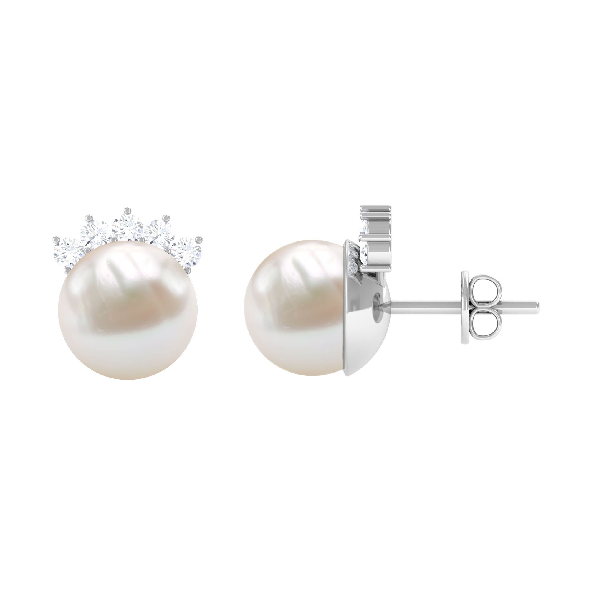 15.25 CT Freshwater Pearl Solitaire Stud Earrings with Diamond Freshwater Pearl - ( AAA ) - Quality - Rosec Jewels