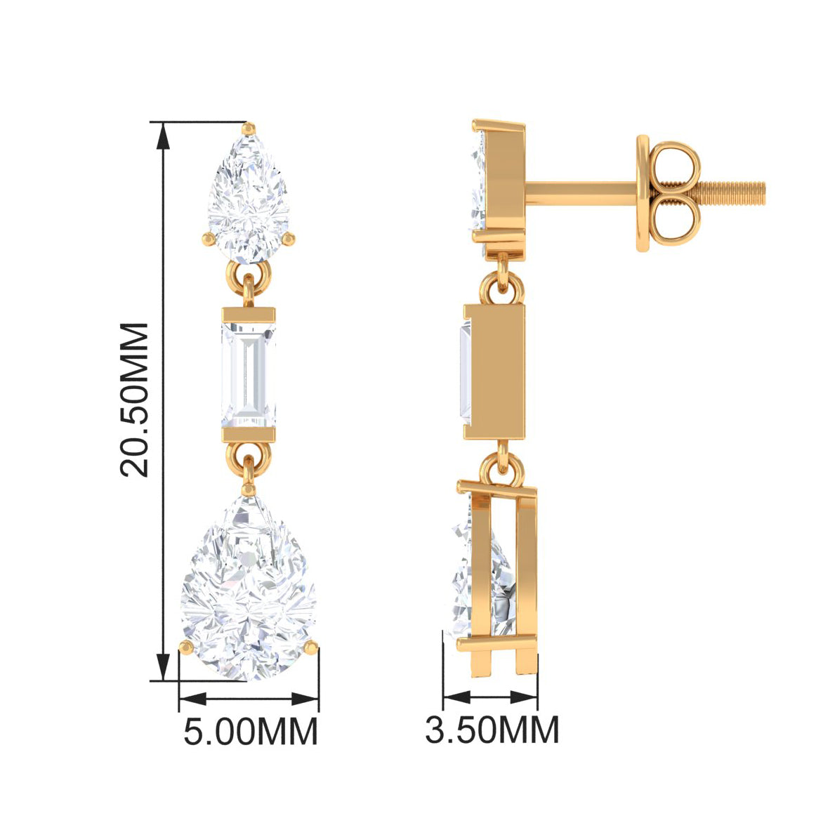 3 CT Baguette and Pear Shape Zircon Dangle Earrings Zircon - ( AAAA ) - Quality - Rosec Jewels