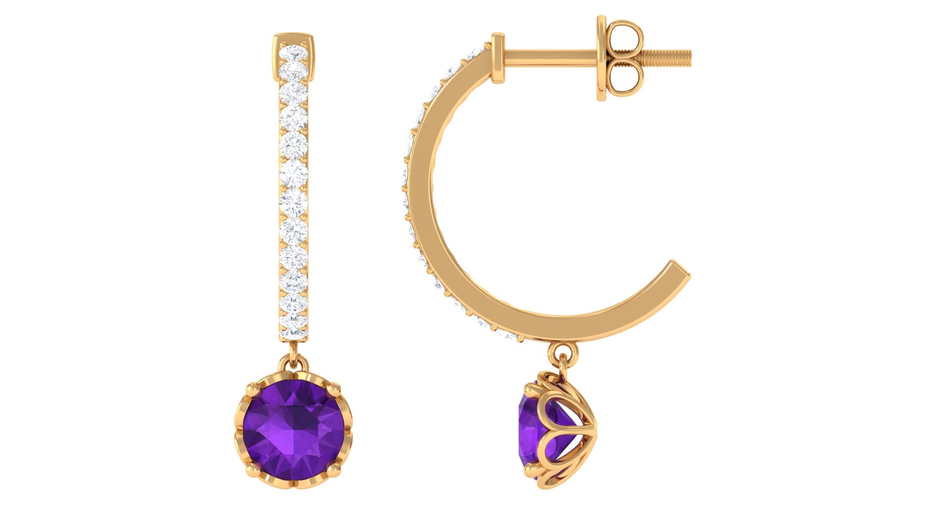 Minimal Round Amethyst Hoop Drop Earrings with Diamond Amethyst - ( AAA ) - Quality - Rosec Jewels