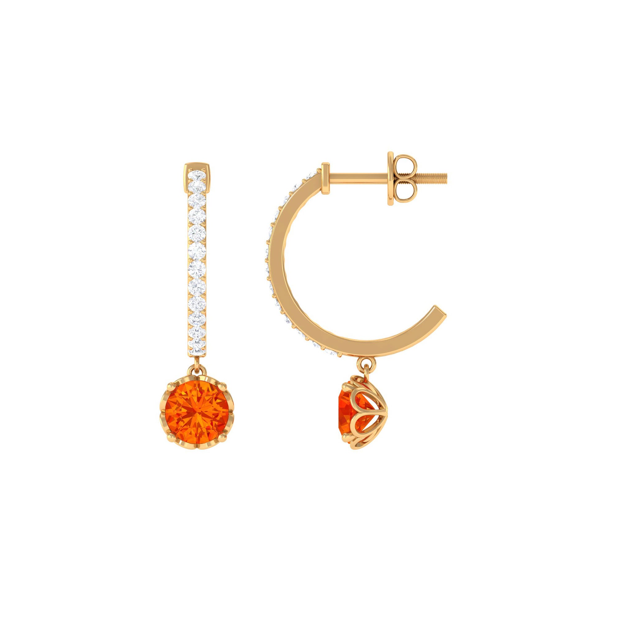 Lab Grown Orange Sapphire Hoop Drop Earrings with Diamond Lab Created Orange Sapphire - ( AAAA ) - Quality - Rosec Jewels