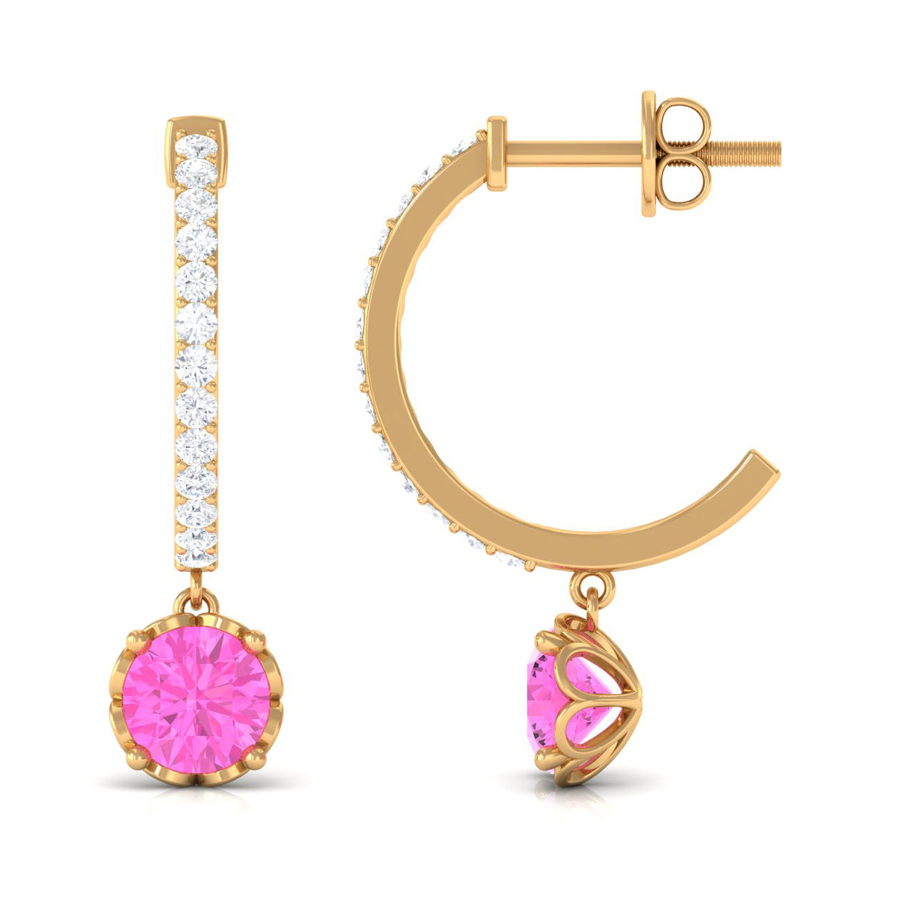 Created Pink Sapphire Hoop Earrings With Diamond Lab Created Pink Sapphire - ( AAAA ) - Quality - Rosec Jewels