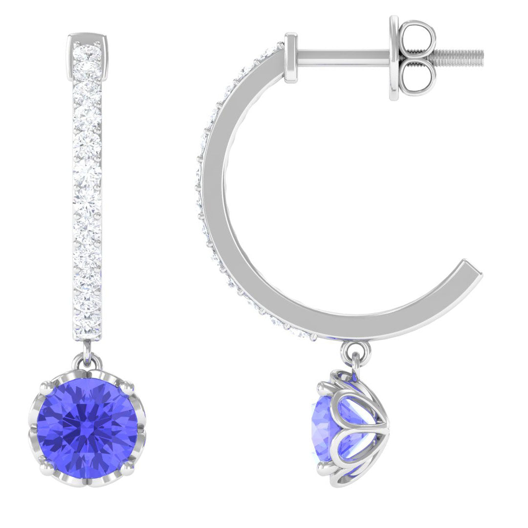 Minimal Round Tanzanite Hoop Drop Earrings with Diamond Tanzanite - ( AAA ) - Quality - Rosec Jewels