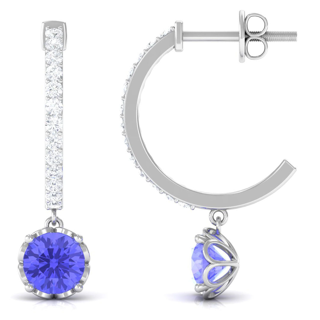 Minimal Round Tanzanite Hoop Drop Earrings with Diamond Tanzanite - ( AAA ) - Quality - Rosec Jewels