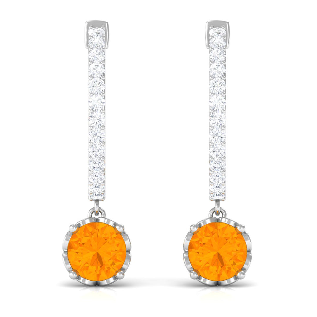 Minimal Round Fire Opal and Diamond Hoop Drop Earrings Fire Opal - ( AAA ) - Quality - Rosec Jewels