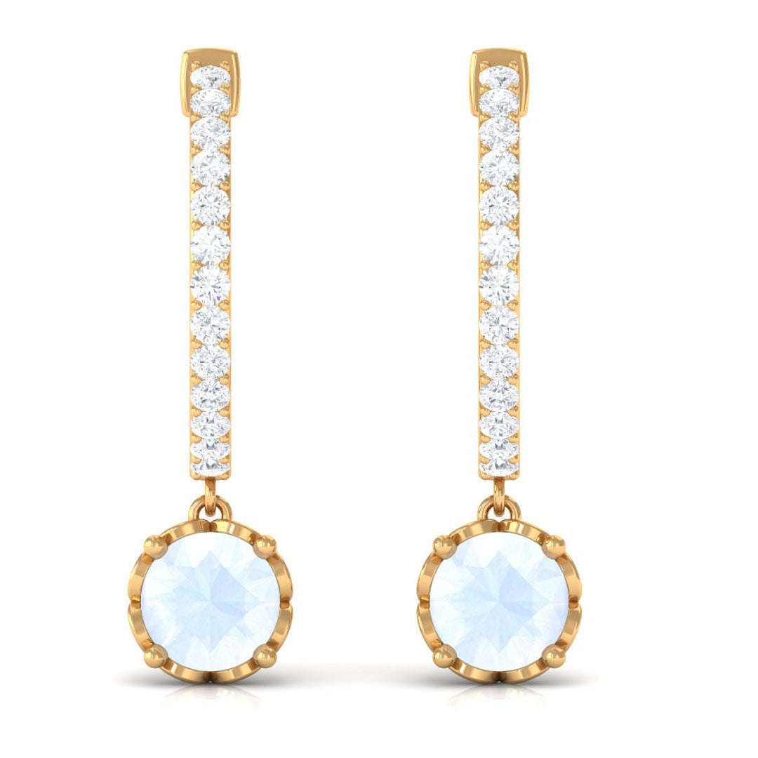 Minimal Round Moonstone Hoop Drop Earrings with Diamond Moonstone - ( AAA ) - Quality - Rosec Jewels